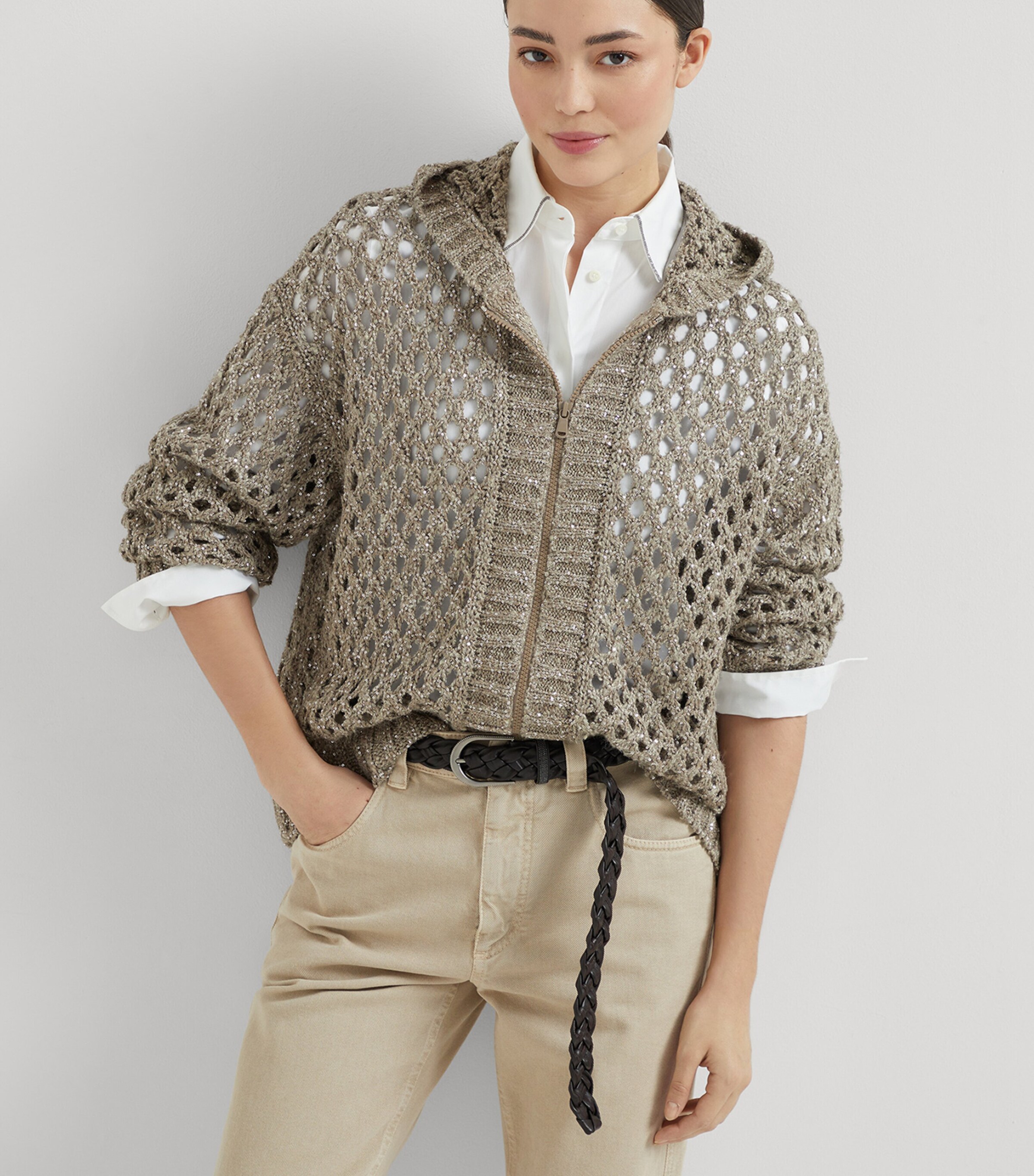 Brunello Cucinelli Womens Dazzling Netted Hooded Cardigan Image 4