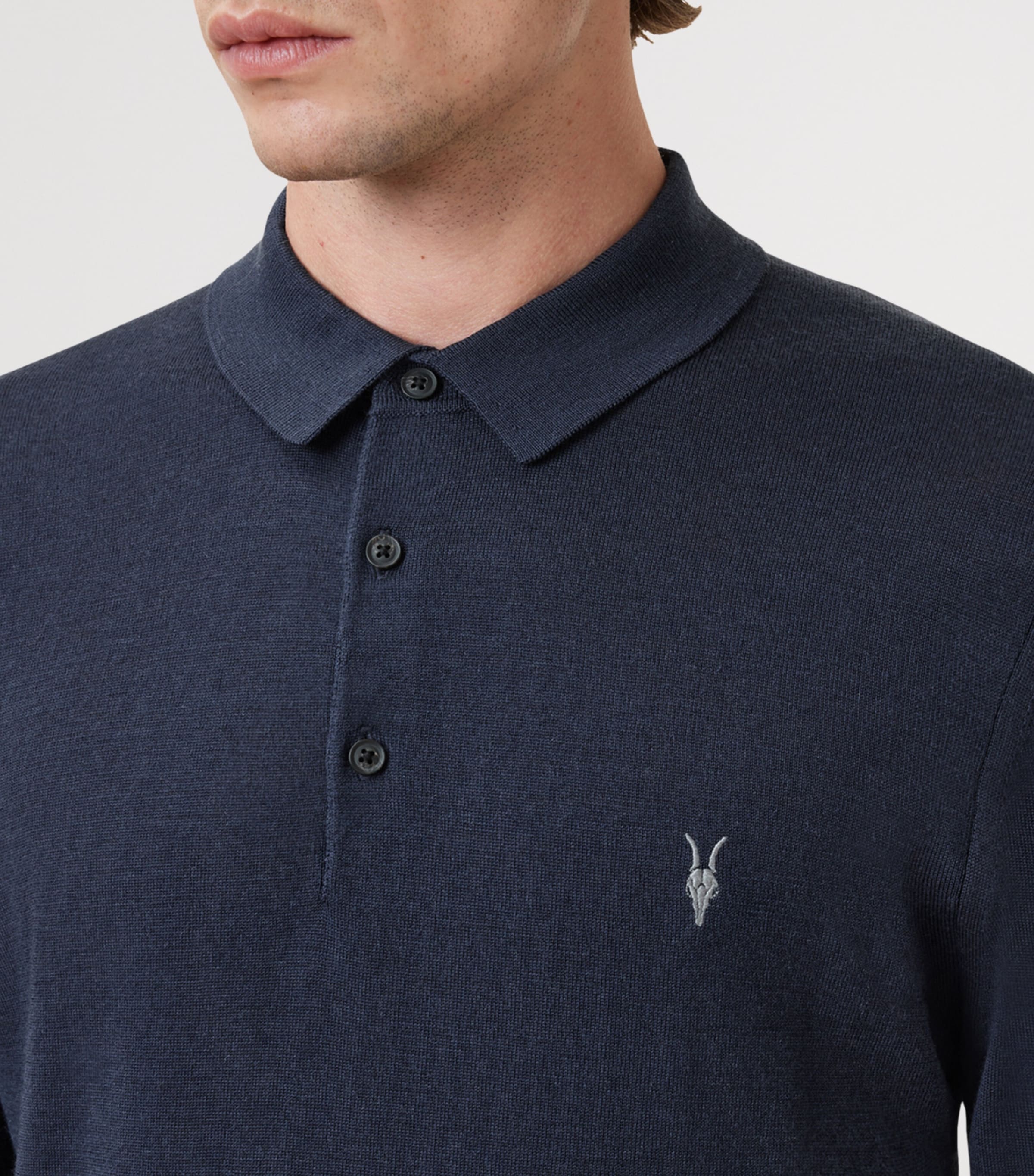 Merino Wool Long-Sleeve Mode Polo Shirt NAVY BLUE Image 6