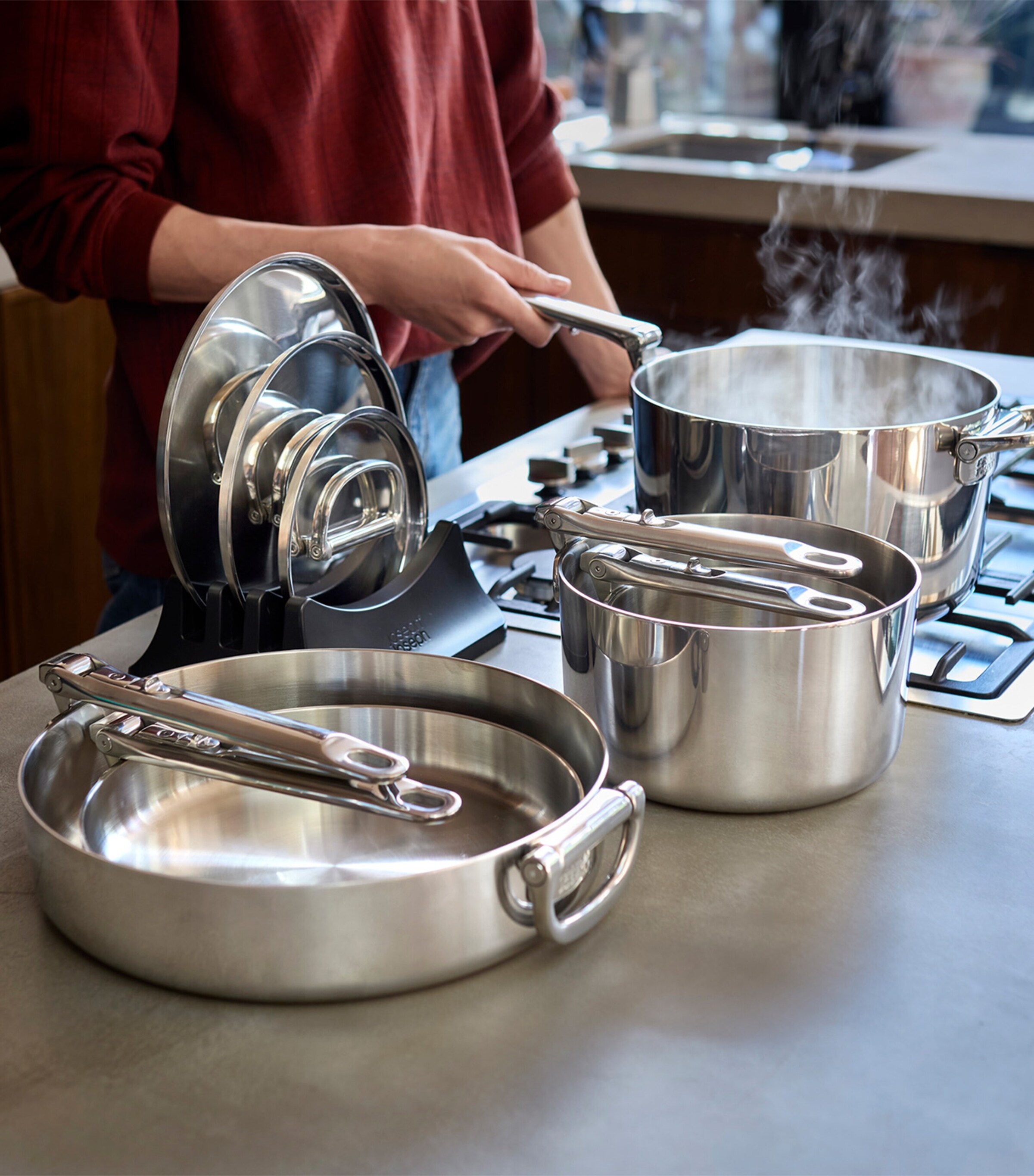 Space Steel Folding-Handle 5-Piece Cookware Set STAINLESS STEEL Image 2