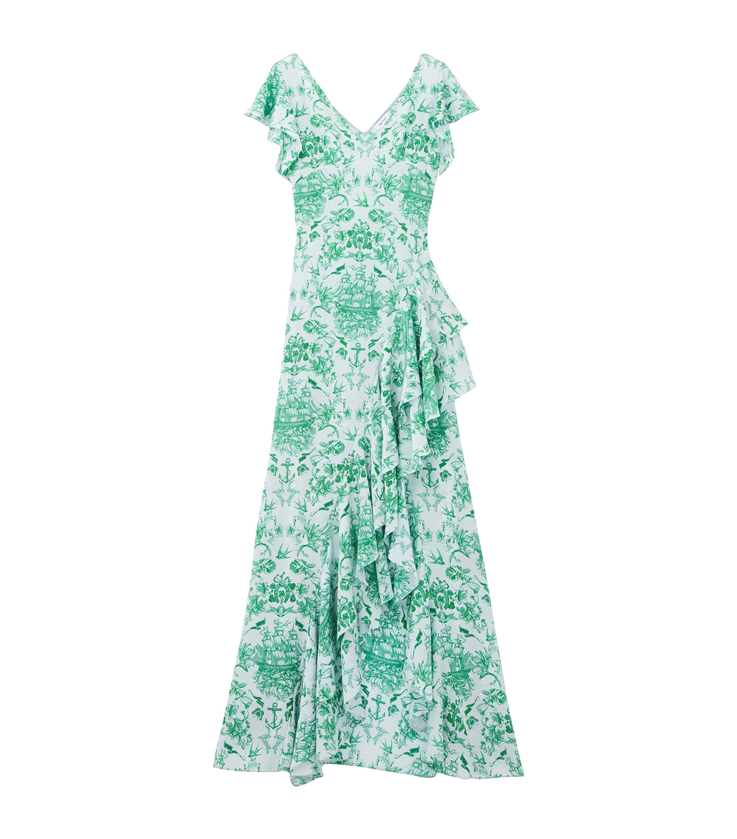 Alexander Mcqueen Silk Sailor-tattoo Ruffle Maxi Dress In Blue