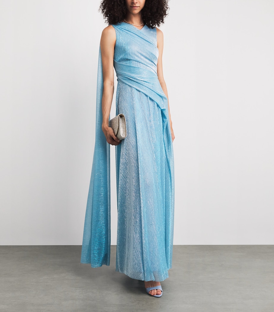 Talbot Runhof Womens Metallic Draped Maxi Dress Turquoise Image 2