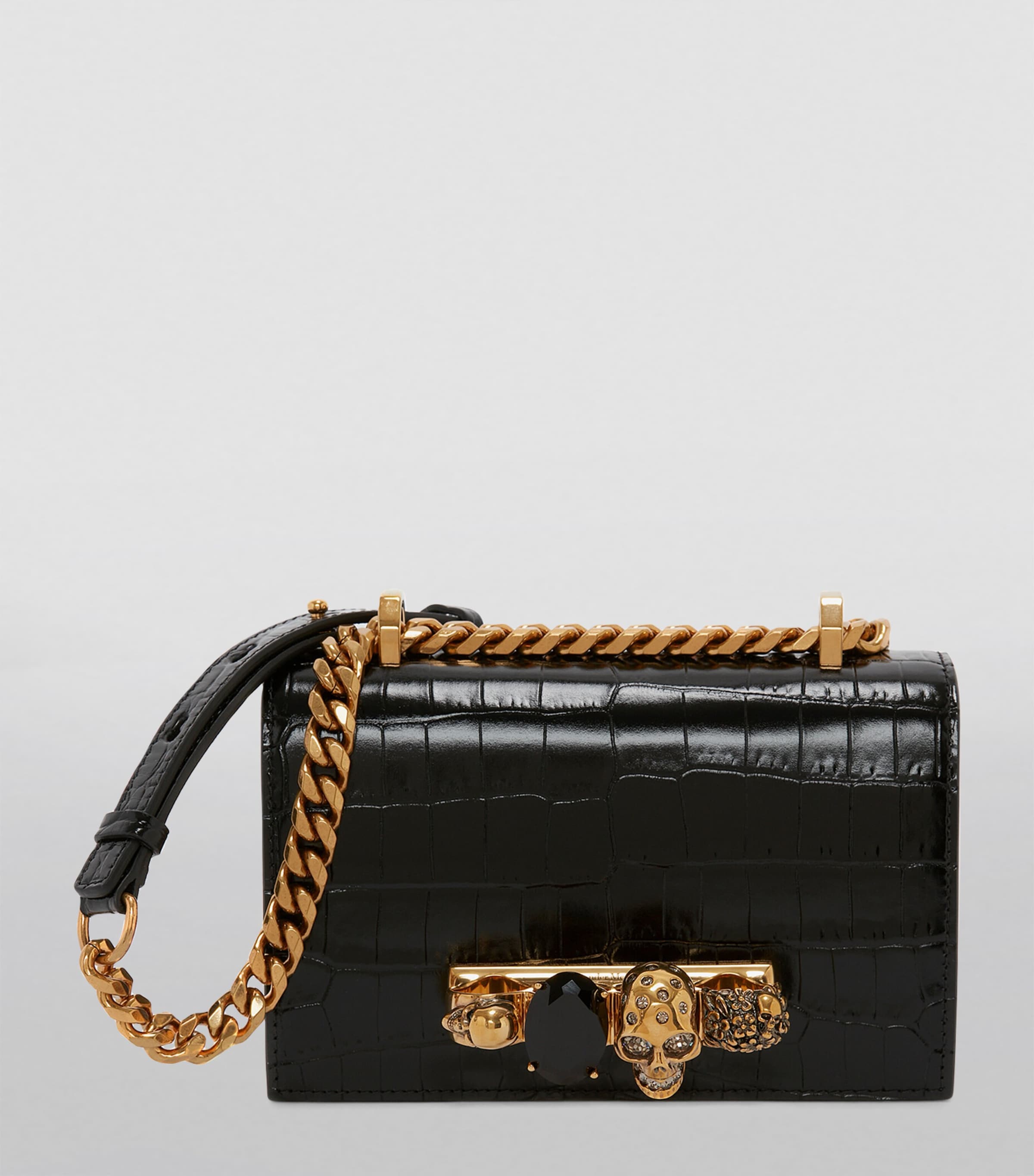 McQueen Black Leather Jewelled Satchel | Harrods UK