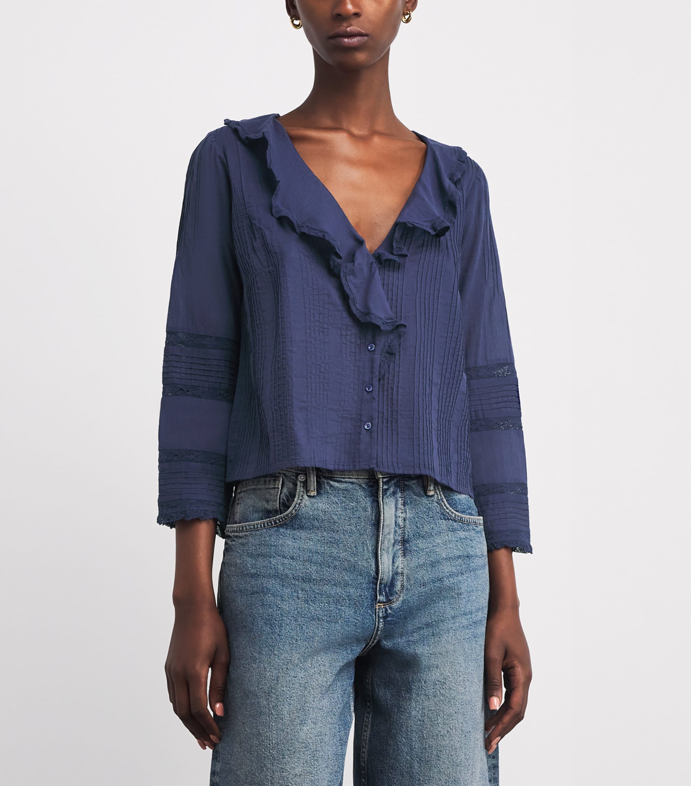 DÔEN Womens Organic Cotton Lace-Trim Huguette Blouse Adriatic Image 3