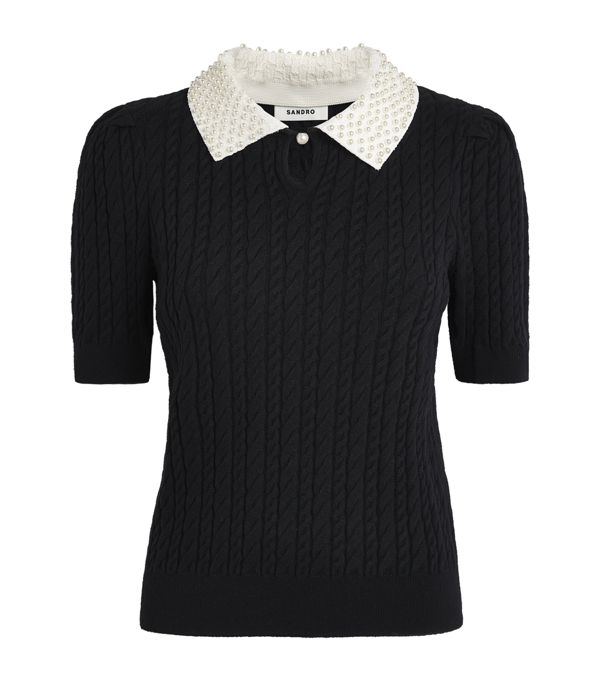 Cotton-Wool-Blend Cable-Knit Pearl-Collar Sweater BLACK Image 1