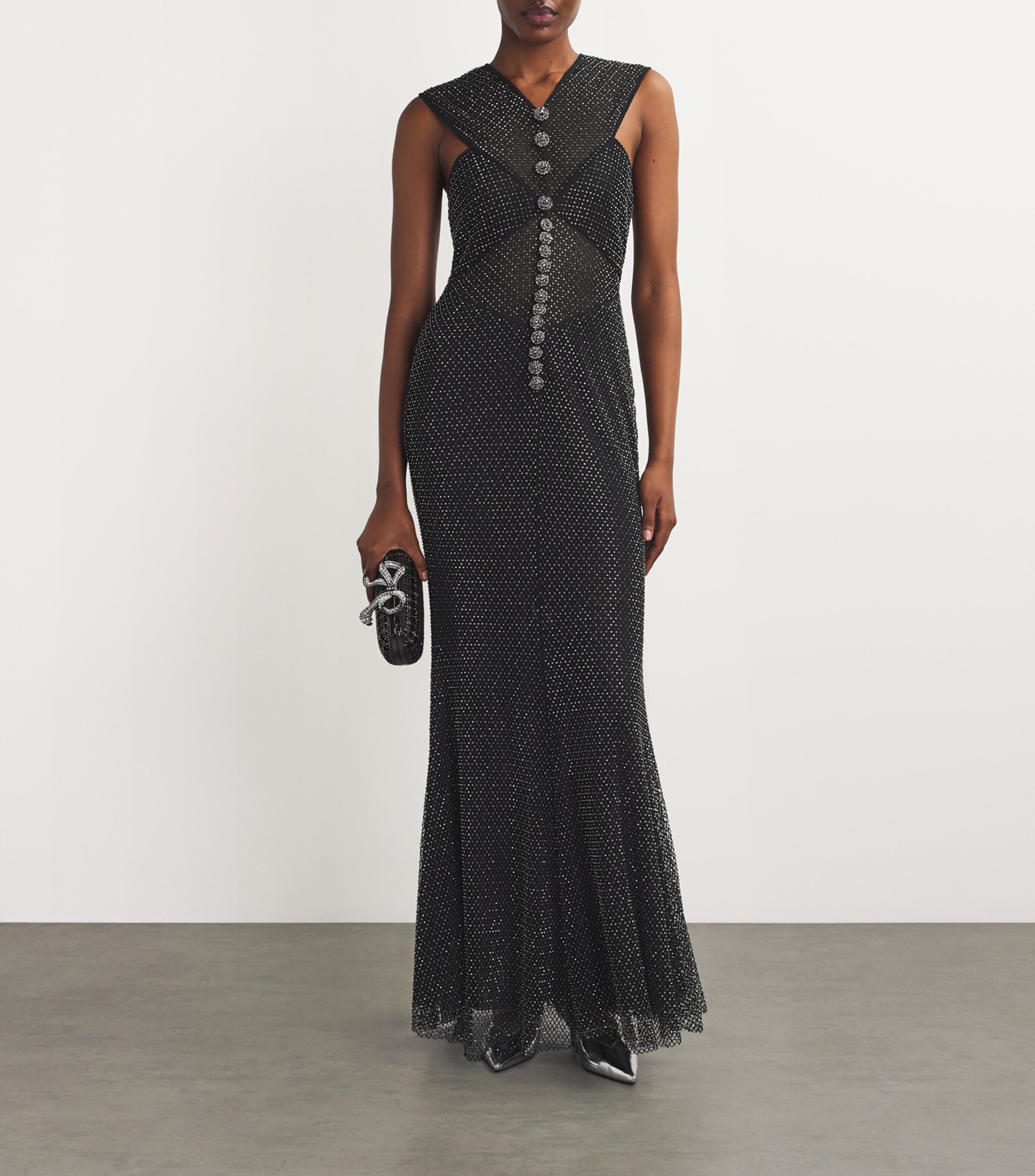 Self-Portrait Womens Fishnet Embellished Midi Dress Black Image 2