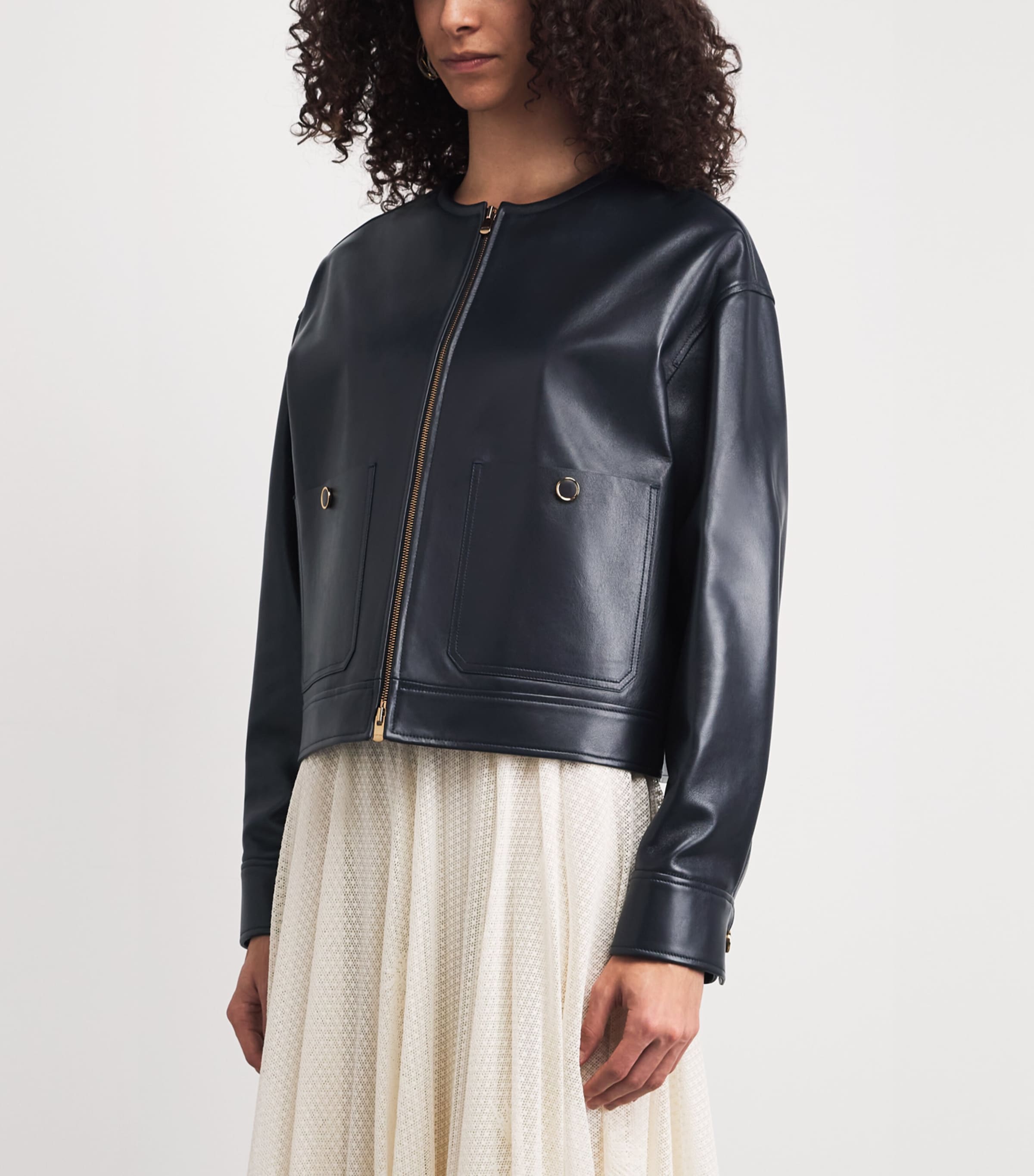 Agnona Womens Lambskin Cropped Bomber Jacket Dark Blue Navy Image 4