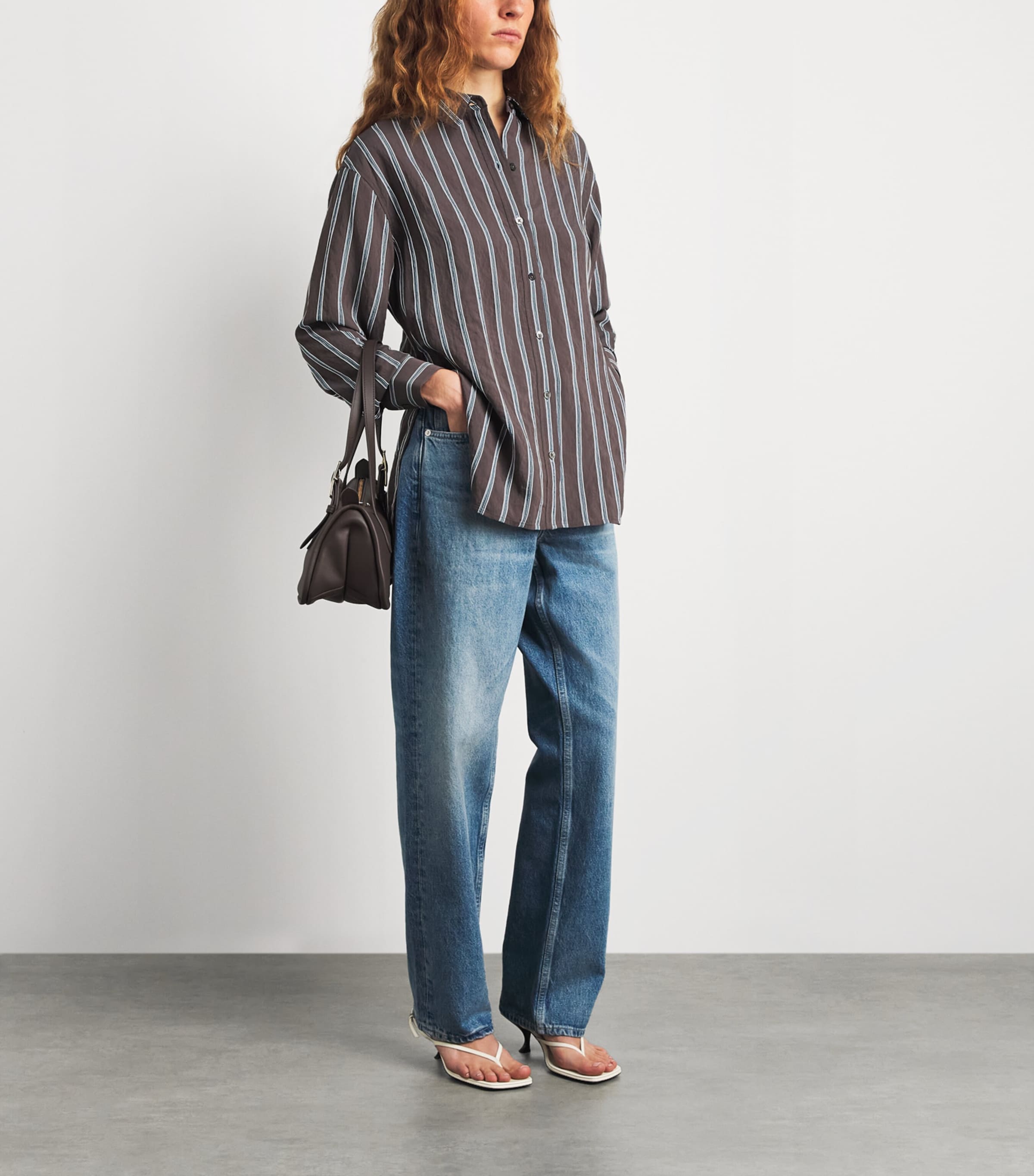 Veronica Beard Womens Stripe Lloyd Shirt Dark Mocha Image 2