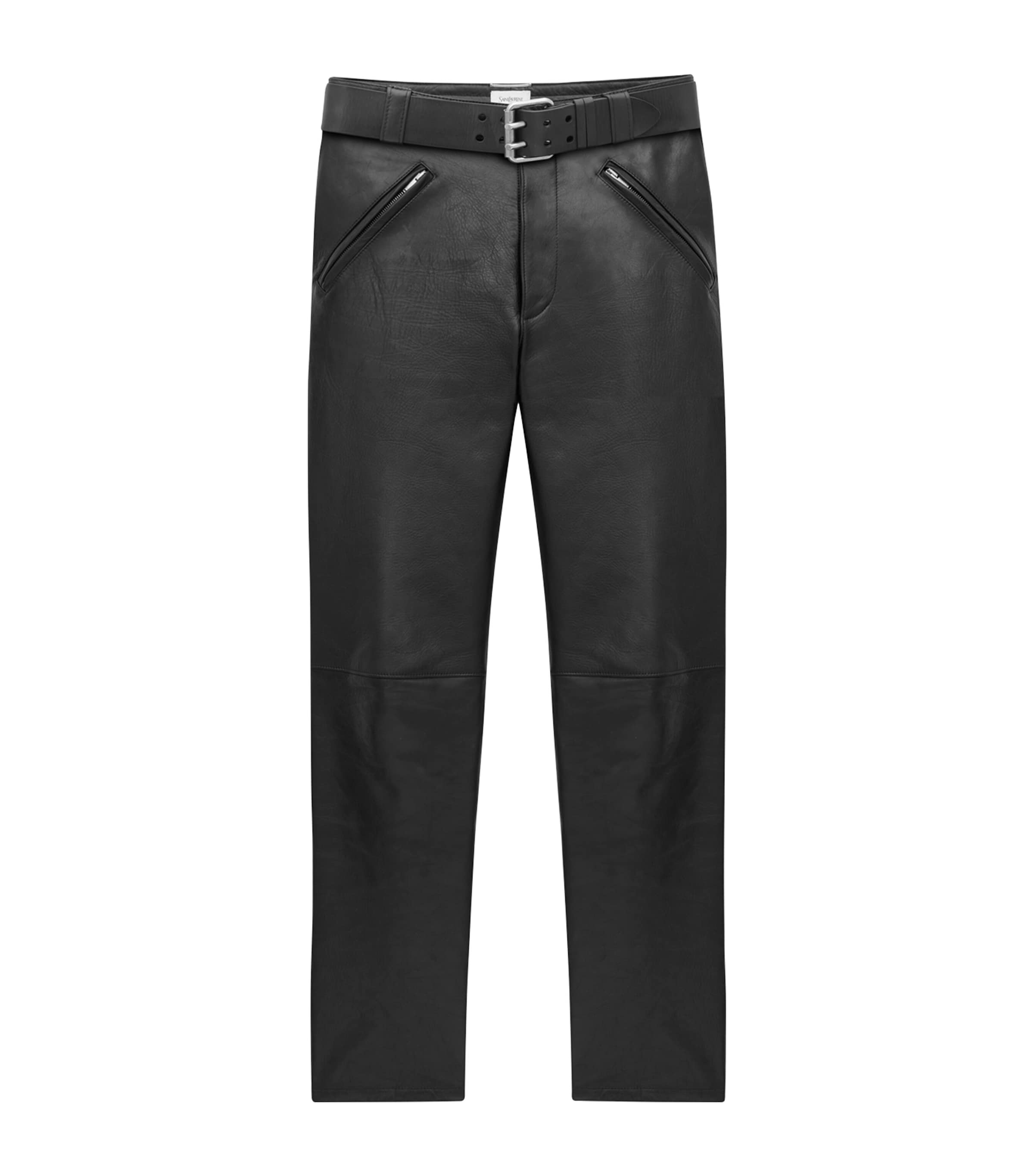 Saint Laurent Belted Pants In Grained Leather In Black