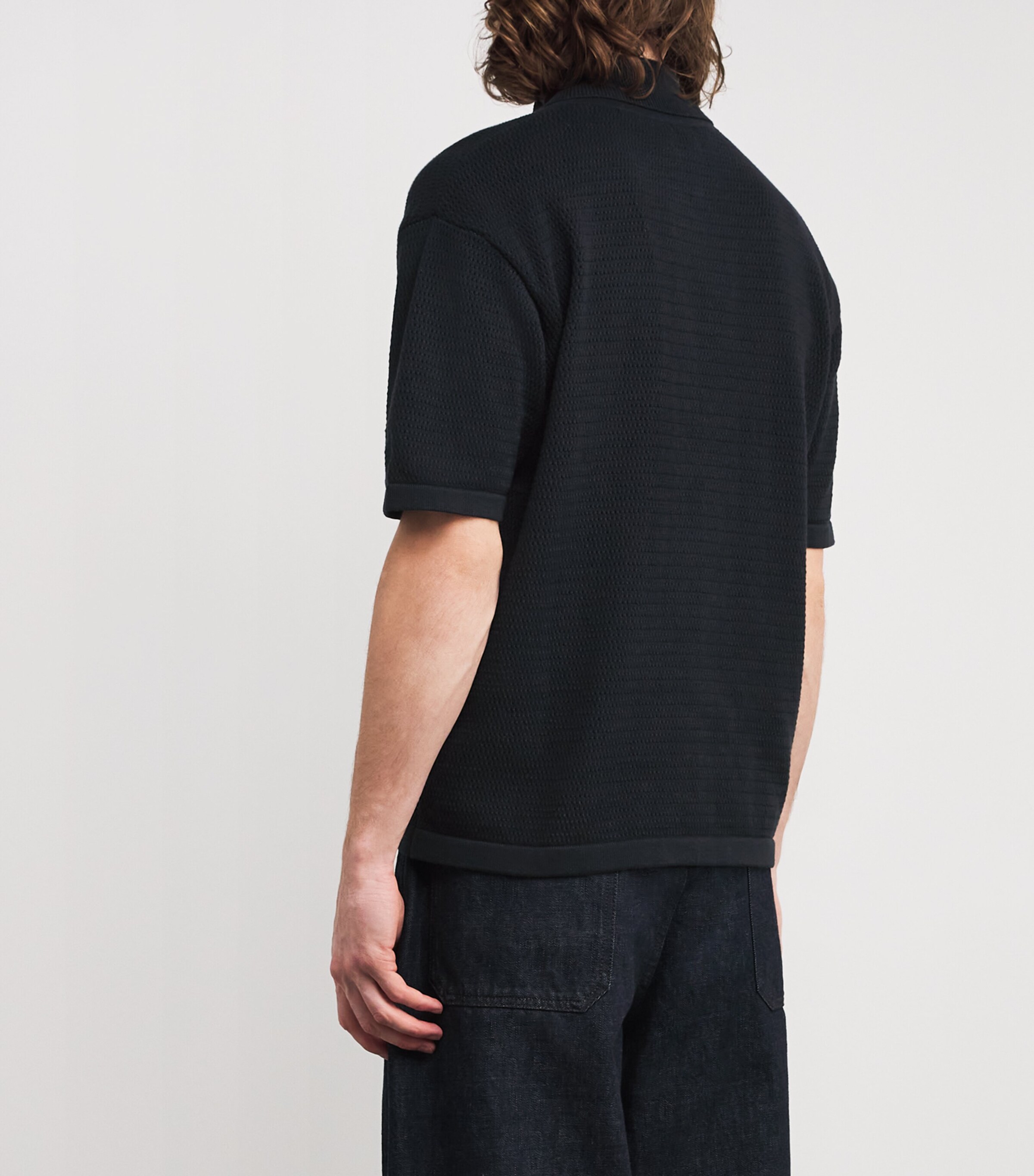 Oliver Spencer Mens Organic Cotton Knitted Short-Sleeve Shirt Navy Image 4