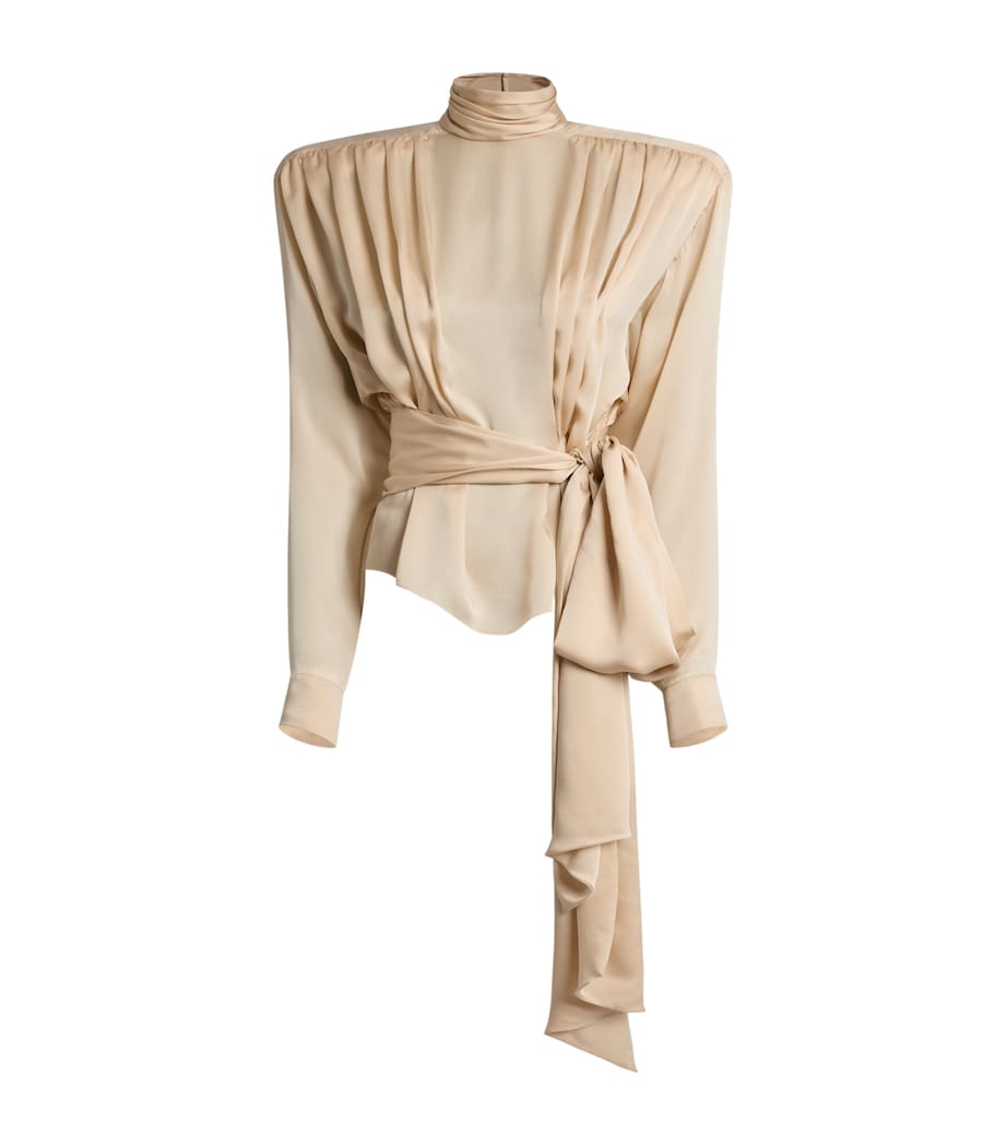 Balmain Womens Silk Charmeuse Gathered Blouse Beige Poudre Image 1