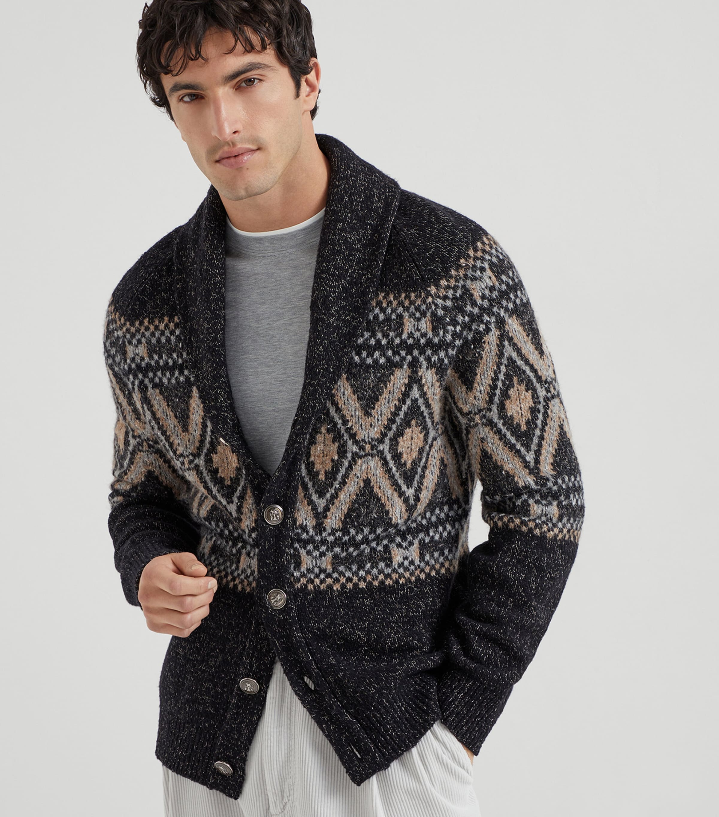 Mouliné Virgin Wool-Silk-Cashmere Jacquard Cardigan CUL12 Image 2