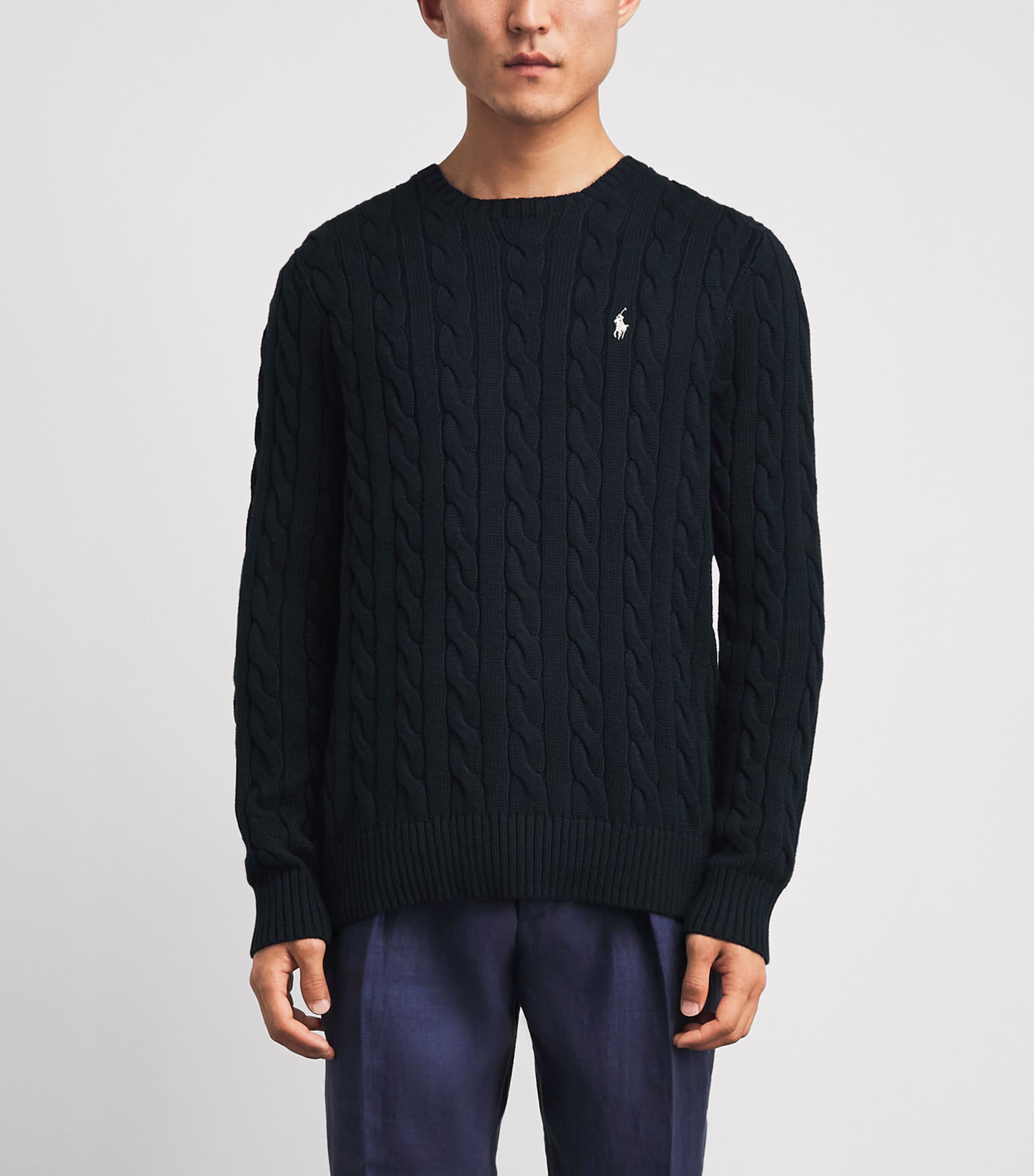 Polo Ralph Lauren Mens Cotton Cable-Knit Polo Pony Sweater Hnter Nvy Pp Image 4