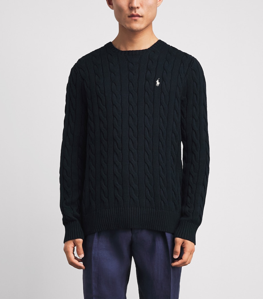 Polo Ralph Lauren Mens Cotton Cable-Knit Polo Pony Sweater Hnter Nvy Pp Image 4
