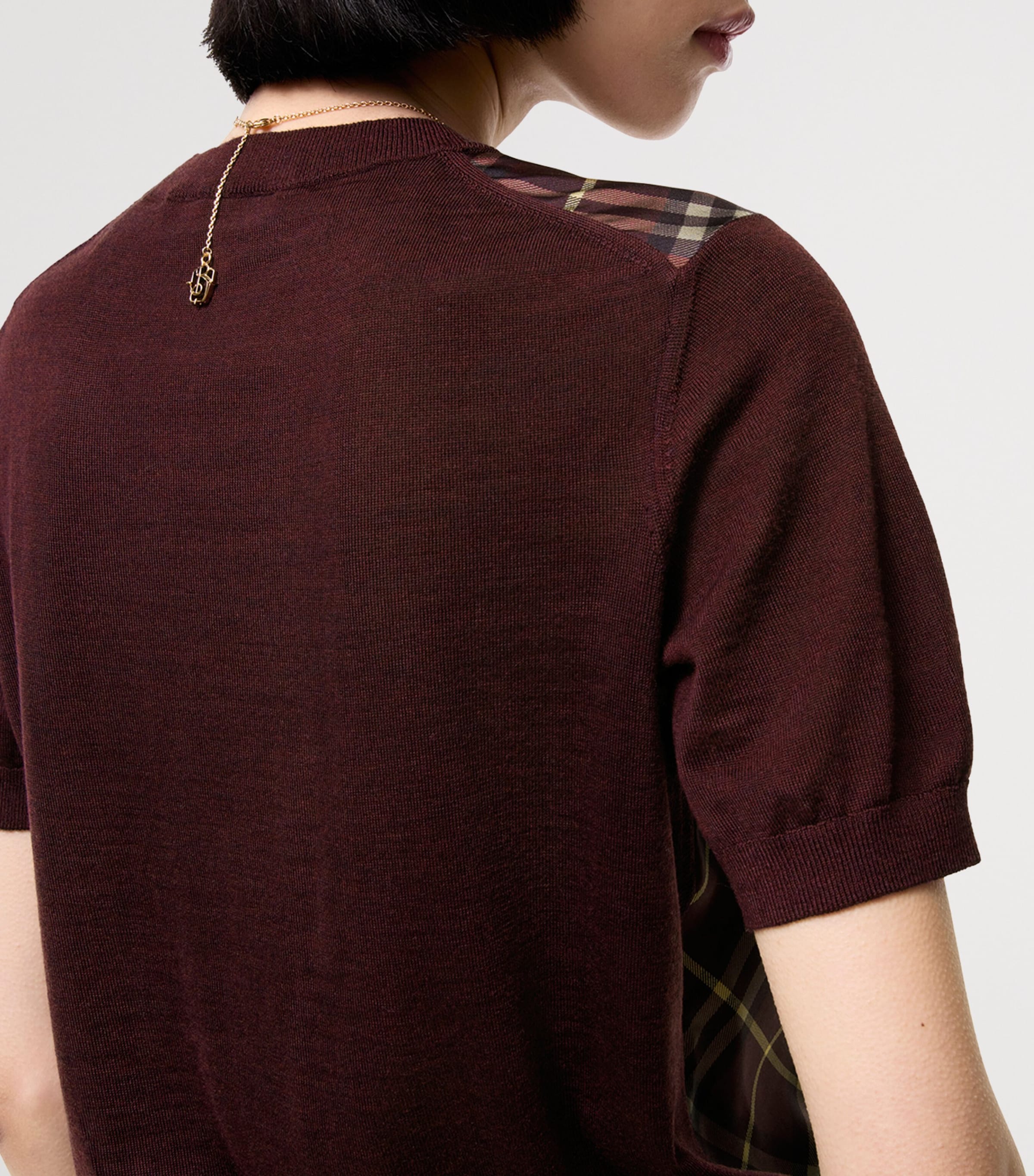 Burberry Womens Wool-Silk Check Panel T-Shirt Vineyard Red Image 3