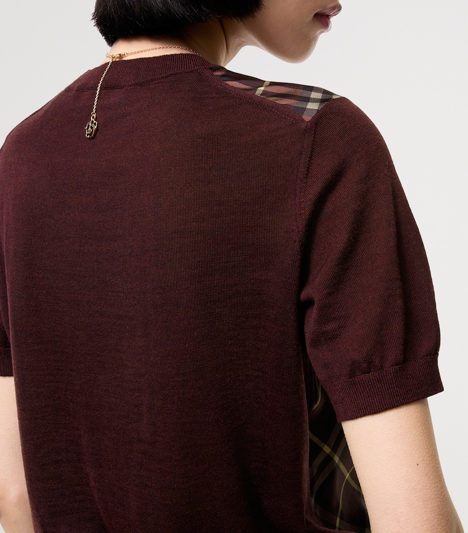 Burberry Womens Wool-Silk Check Panel T-Shirt Vineyard Red Image 3