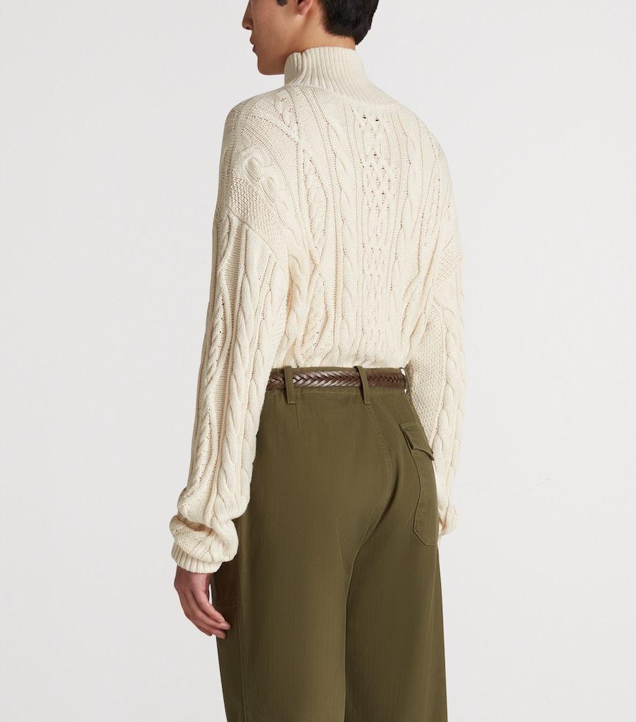 Cotton-Silk Aran Cable Sweater 101IVORY Image 4