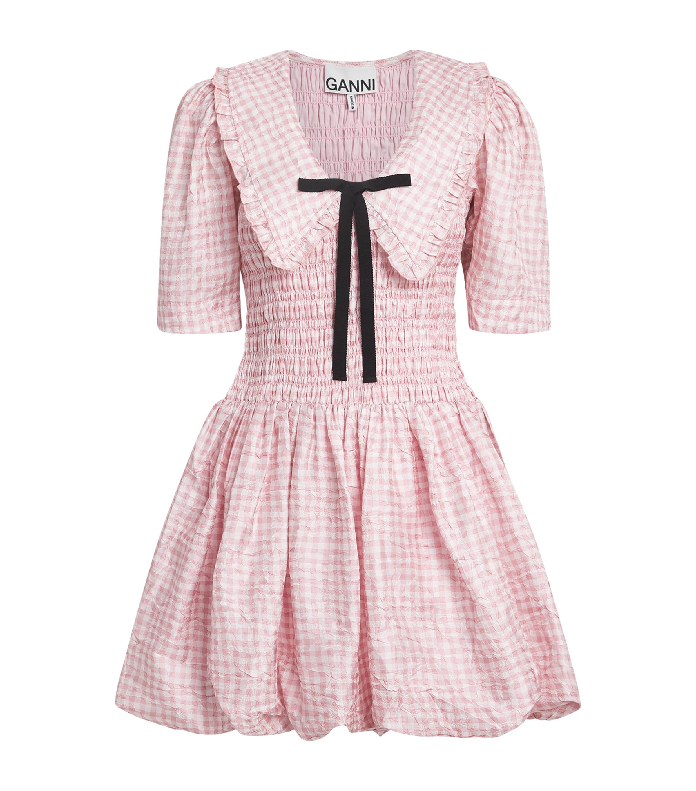 Ganni Vichy Check Shirred Mini Dress In Pink