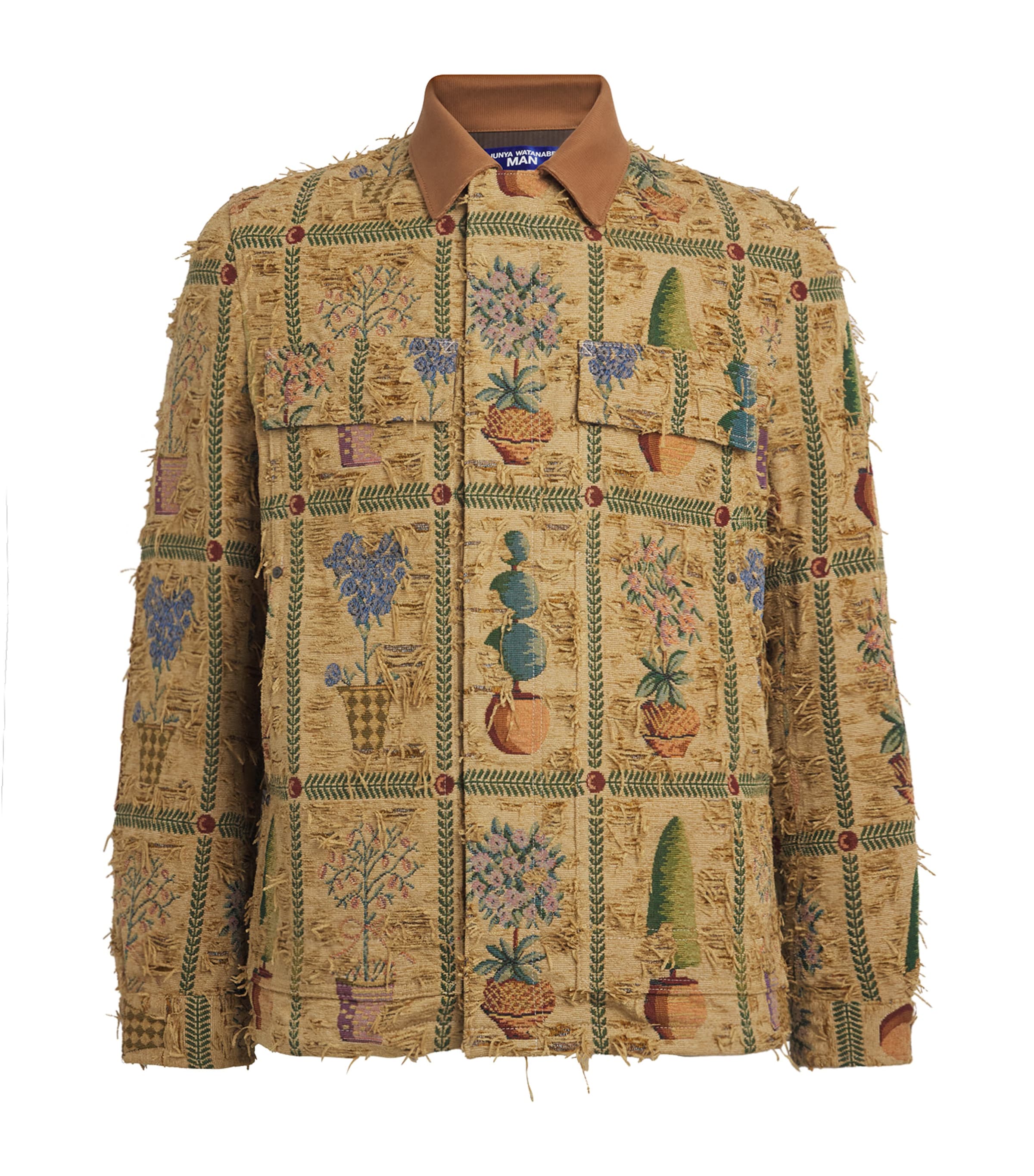 Junya Watanabe MAN Mens Distressed Tapestry Trucker Jacket Bg/grn/rd X Camel Image 1