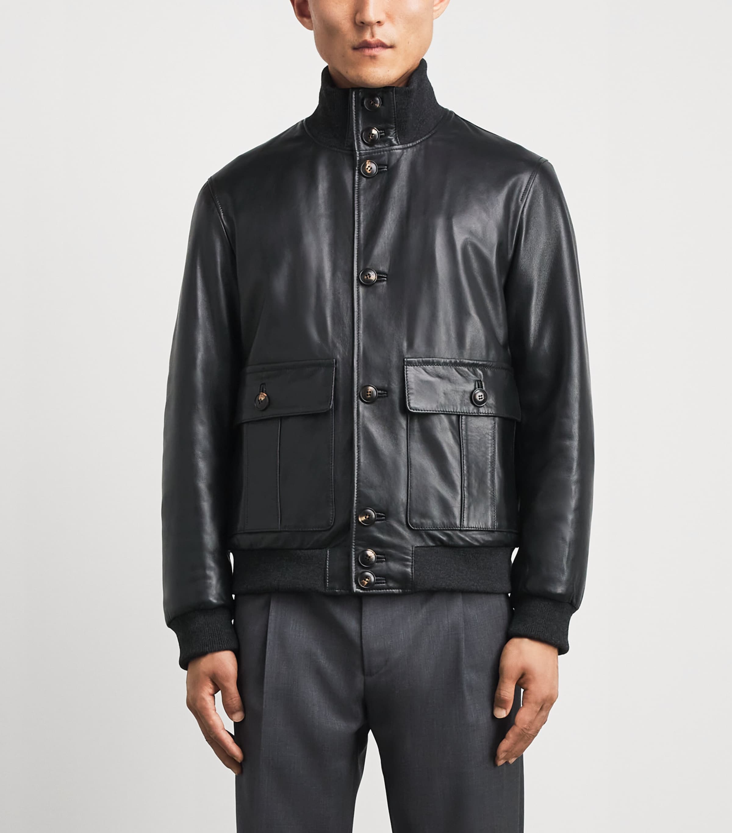 Pal Zileri Mens Lambskin Button-Up Bomber Jacket Black Image 4