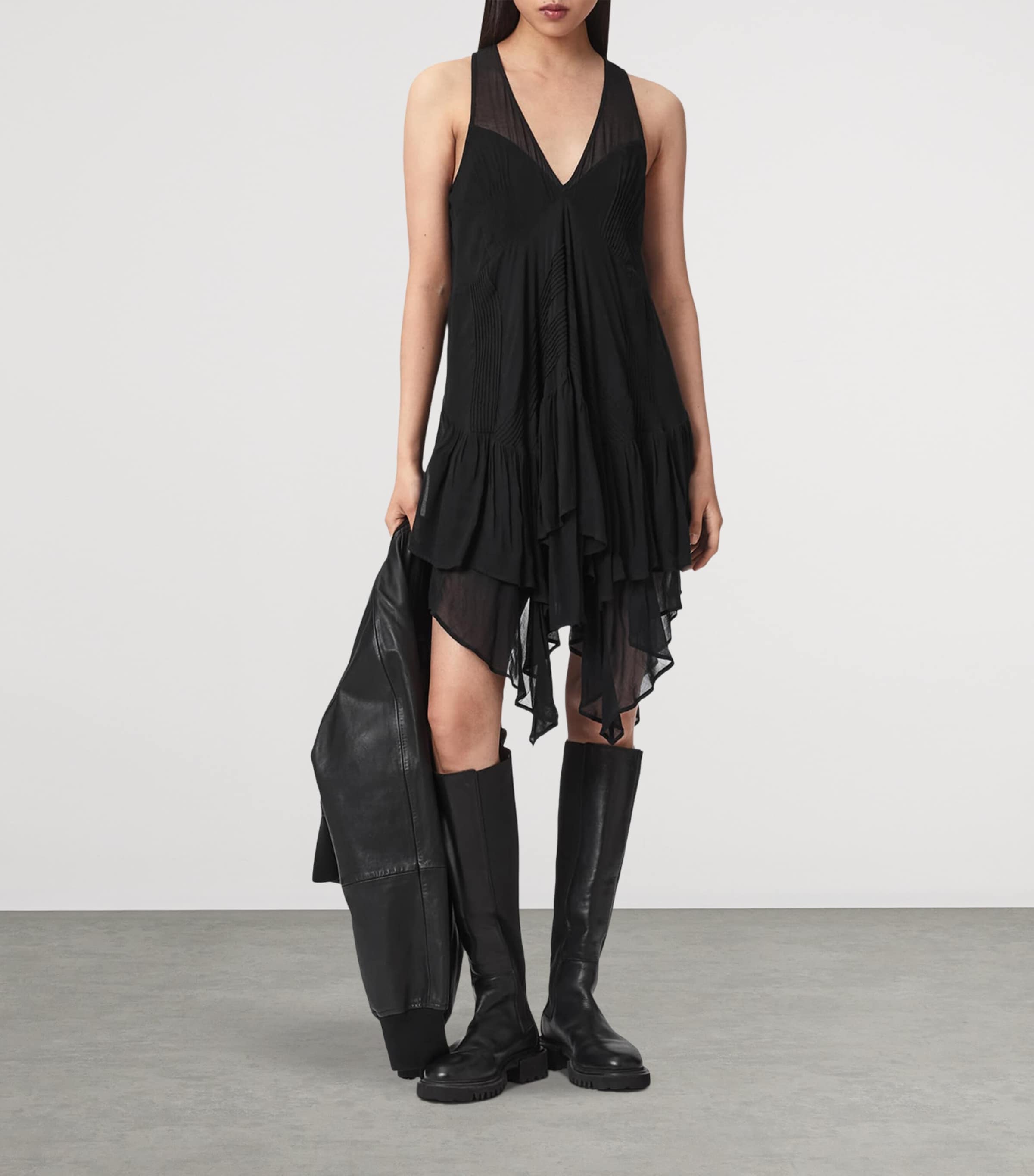 AllSaints Womens Asymmetric Tiered Gretel Midi Dress Black Image 5
