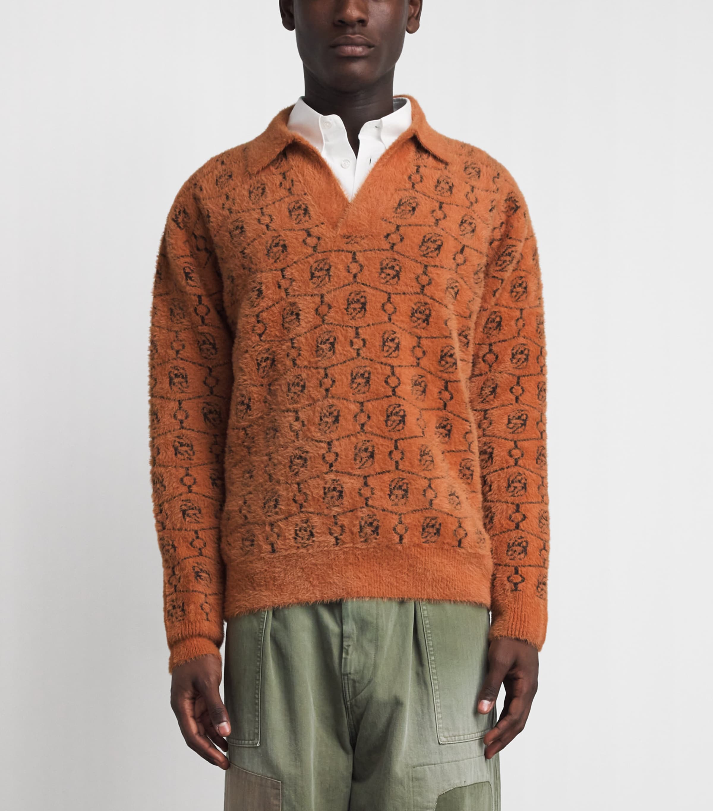 Drôle de Monsieur Mens Monogram Jacquard Polo Sweater Brown Image 4