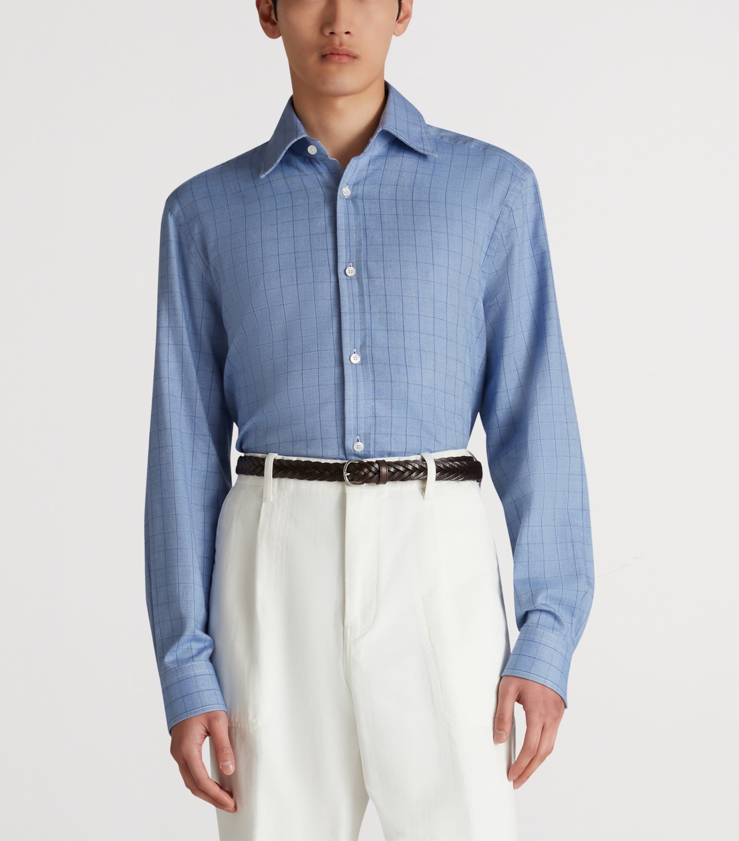 Cotton-Cashmere Tattersall Check Dress Shirt 472BLUE Image 3