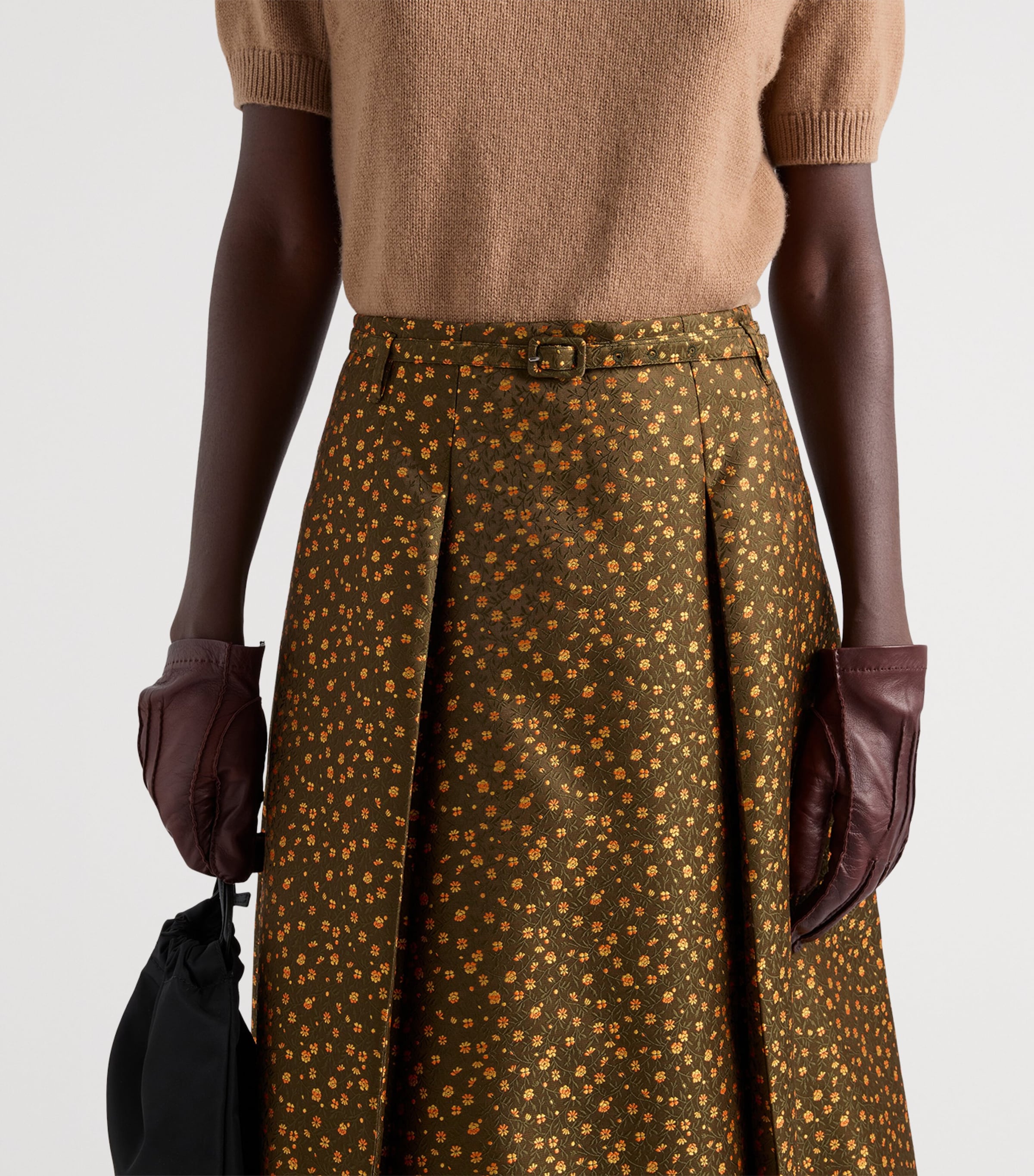 Prada Womens Floral Jacquard Pleated Midi Skirt Green Image 6