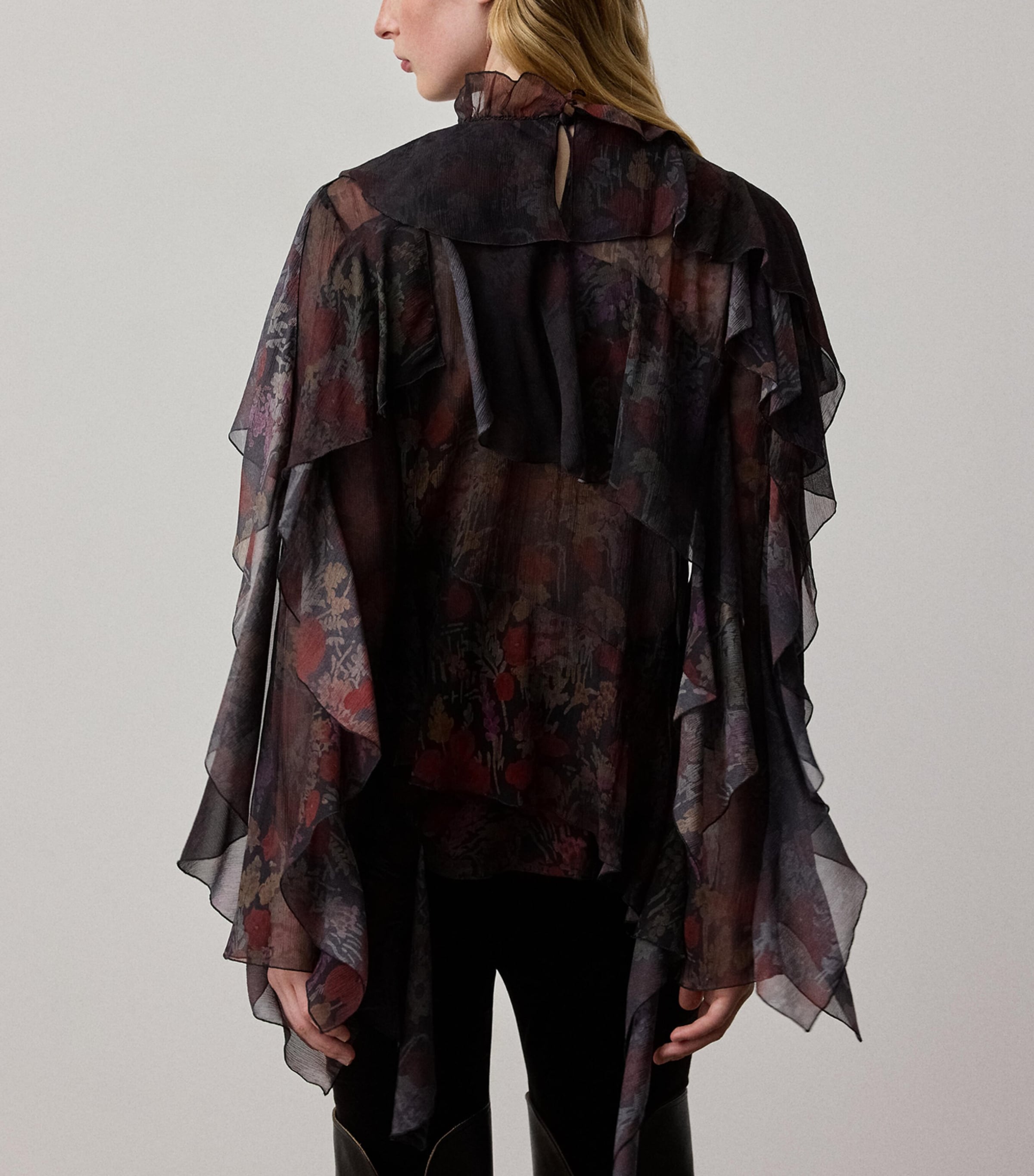 Silk Chiffon Ruffle-Trim Ilene Blouse BLACK/CRIMSON MULTI Image 3