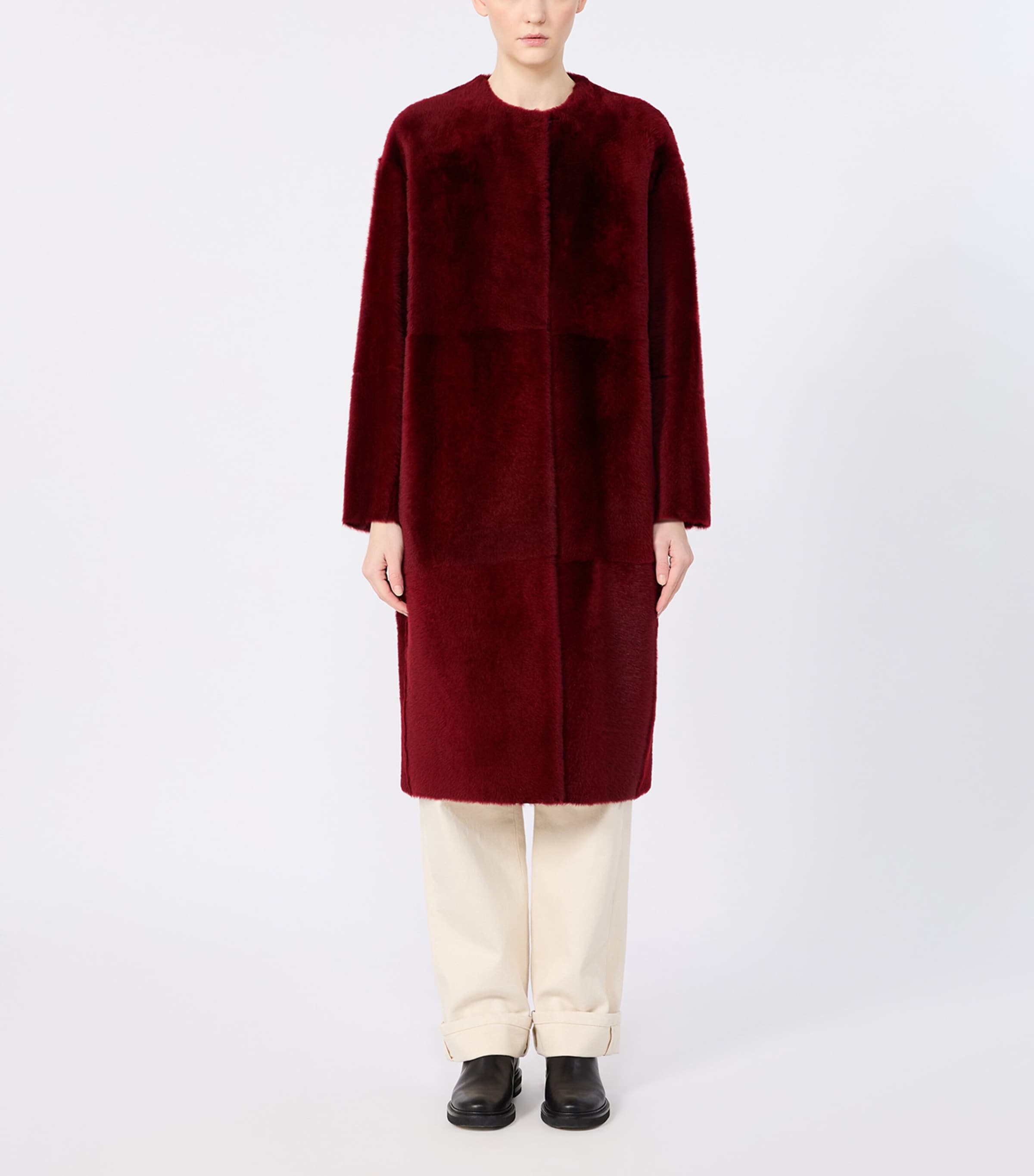 Max Mara Womens Shearling Collarless Coat Bordeaux Image 3