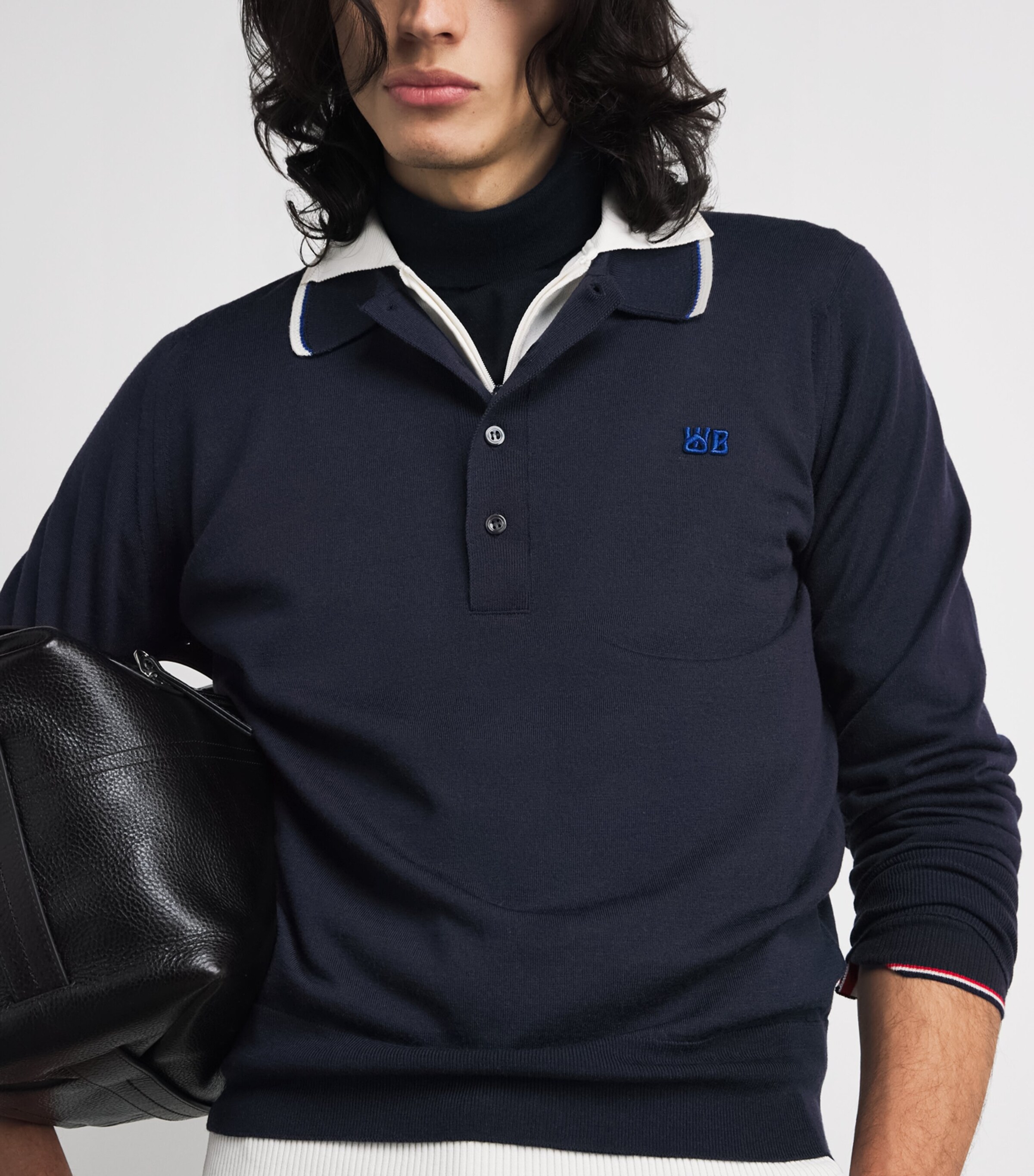 Wales Bonner Mens x John Smedley Merino Henry Polo Sweater Navy Image 3
