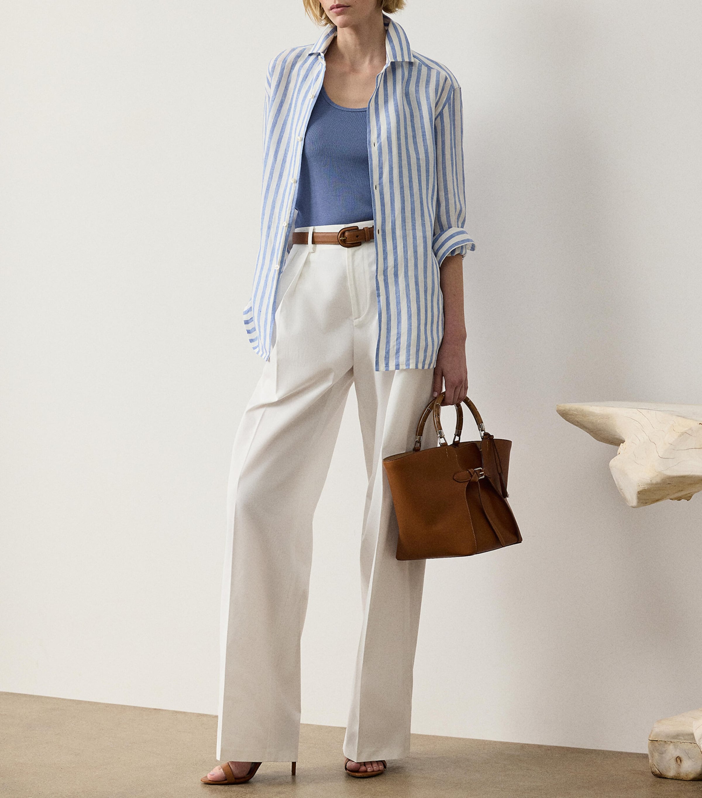 Ralph Lauren Collection Womens Linen Capri Shirt Cream/cornflower Image 2