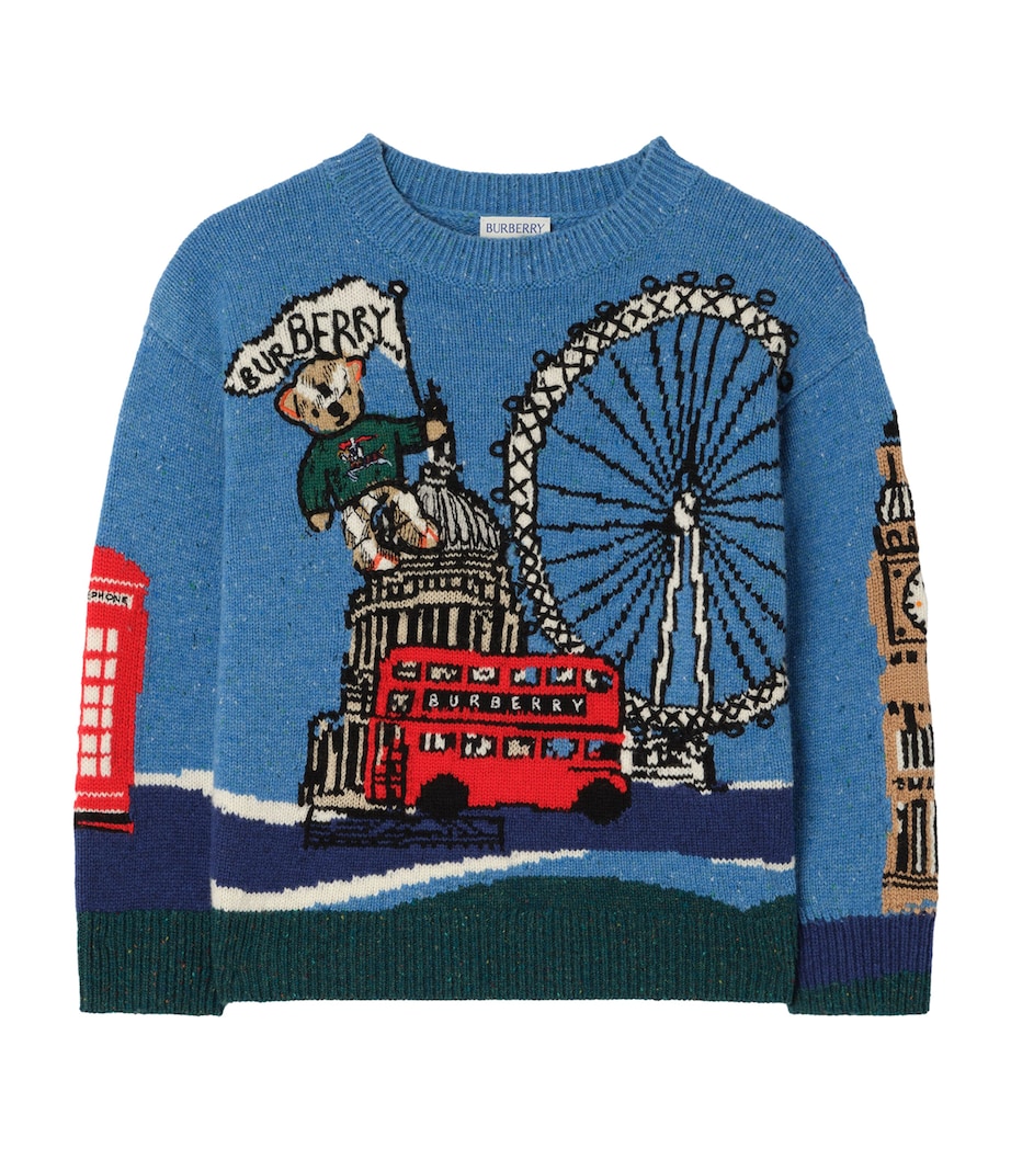Burberry Kids Wool-Blend London Bear Sweater (14 Years) Sky Blue Image 1
