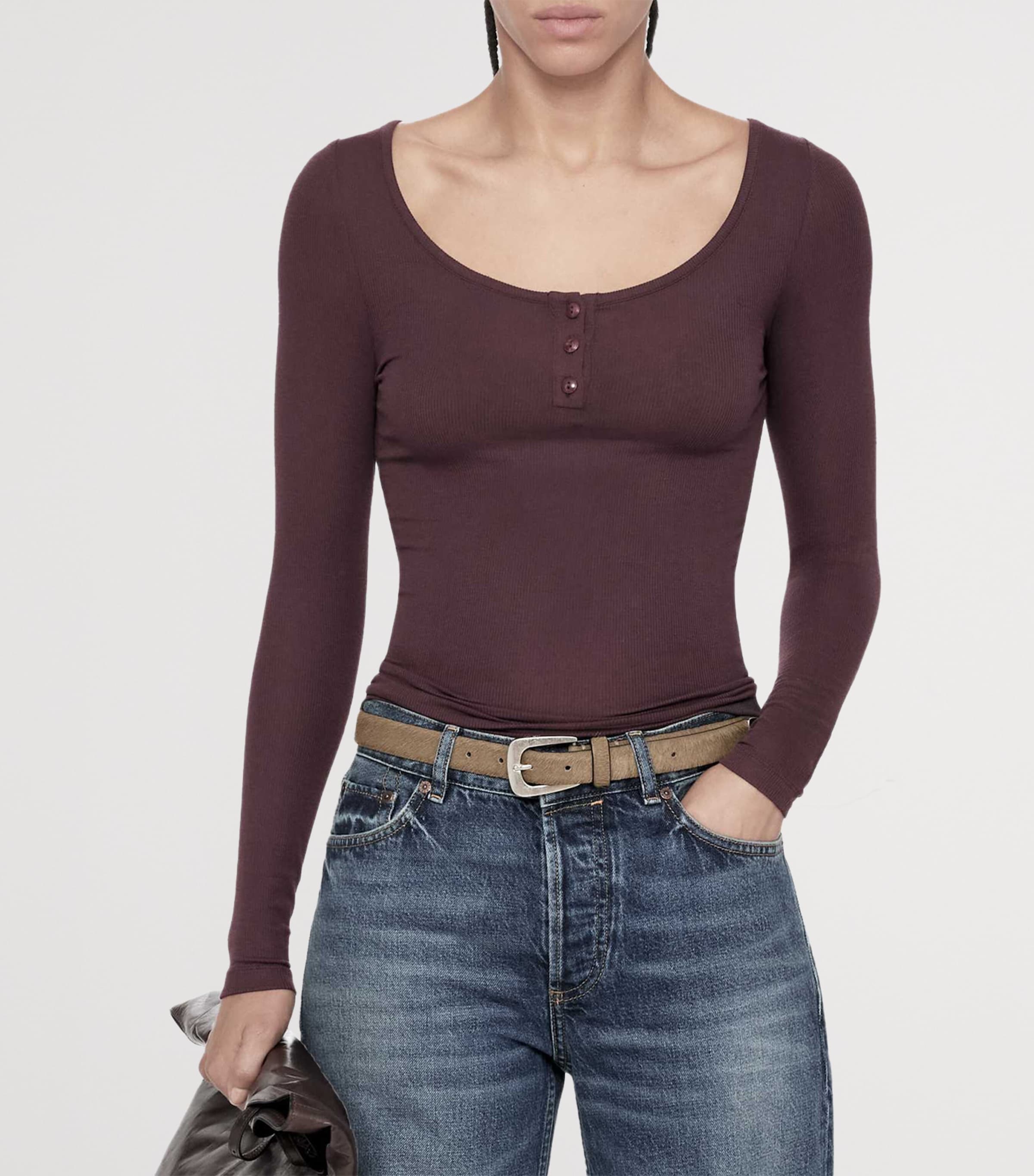 AllSaints Womens Jules Henley Long-Sleeve T-Shirt Aubergine Red Image 3