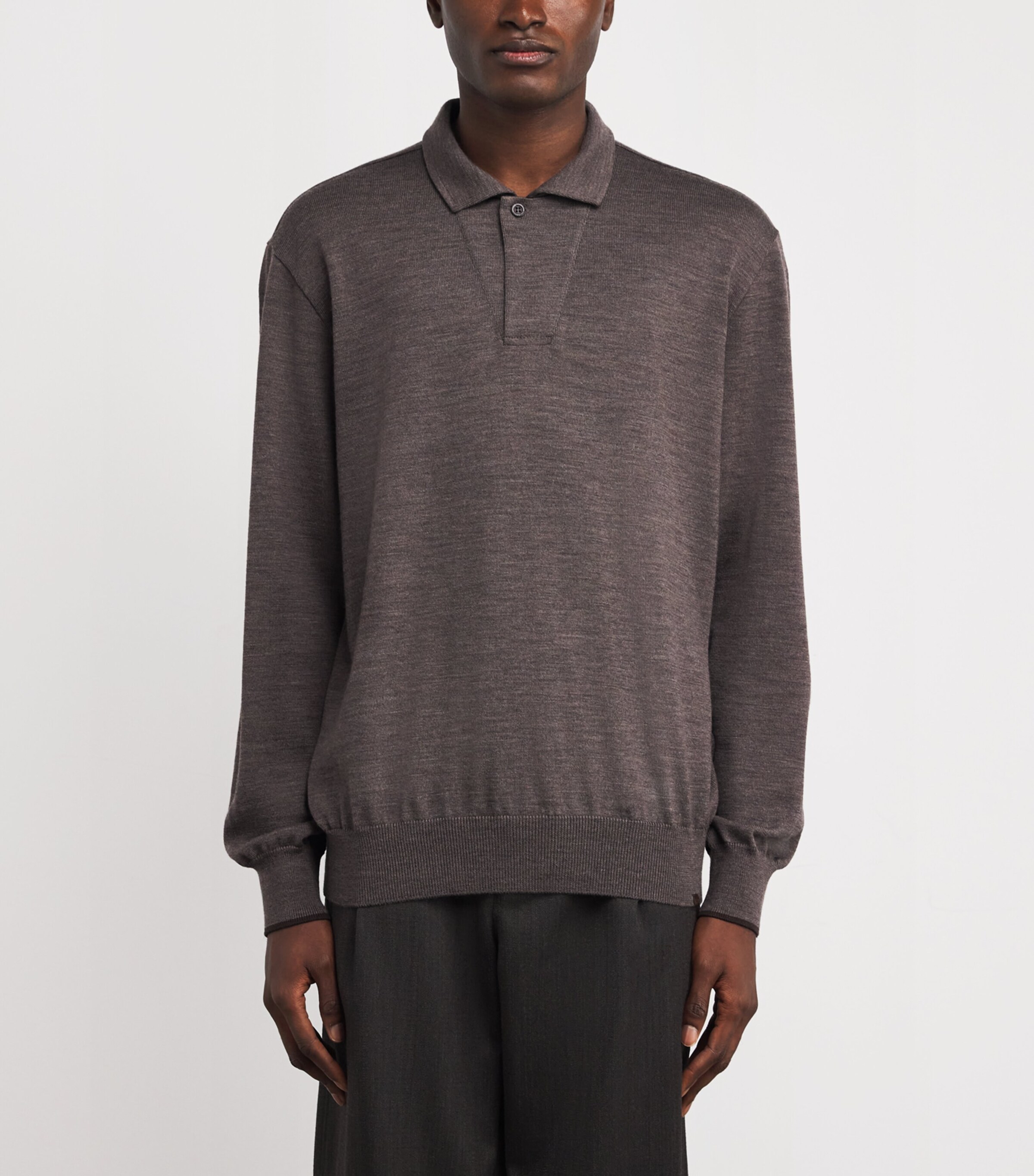Merino Wool Long-Sleeve Polo Shirt 365 TORTORA MELANGE Image 3