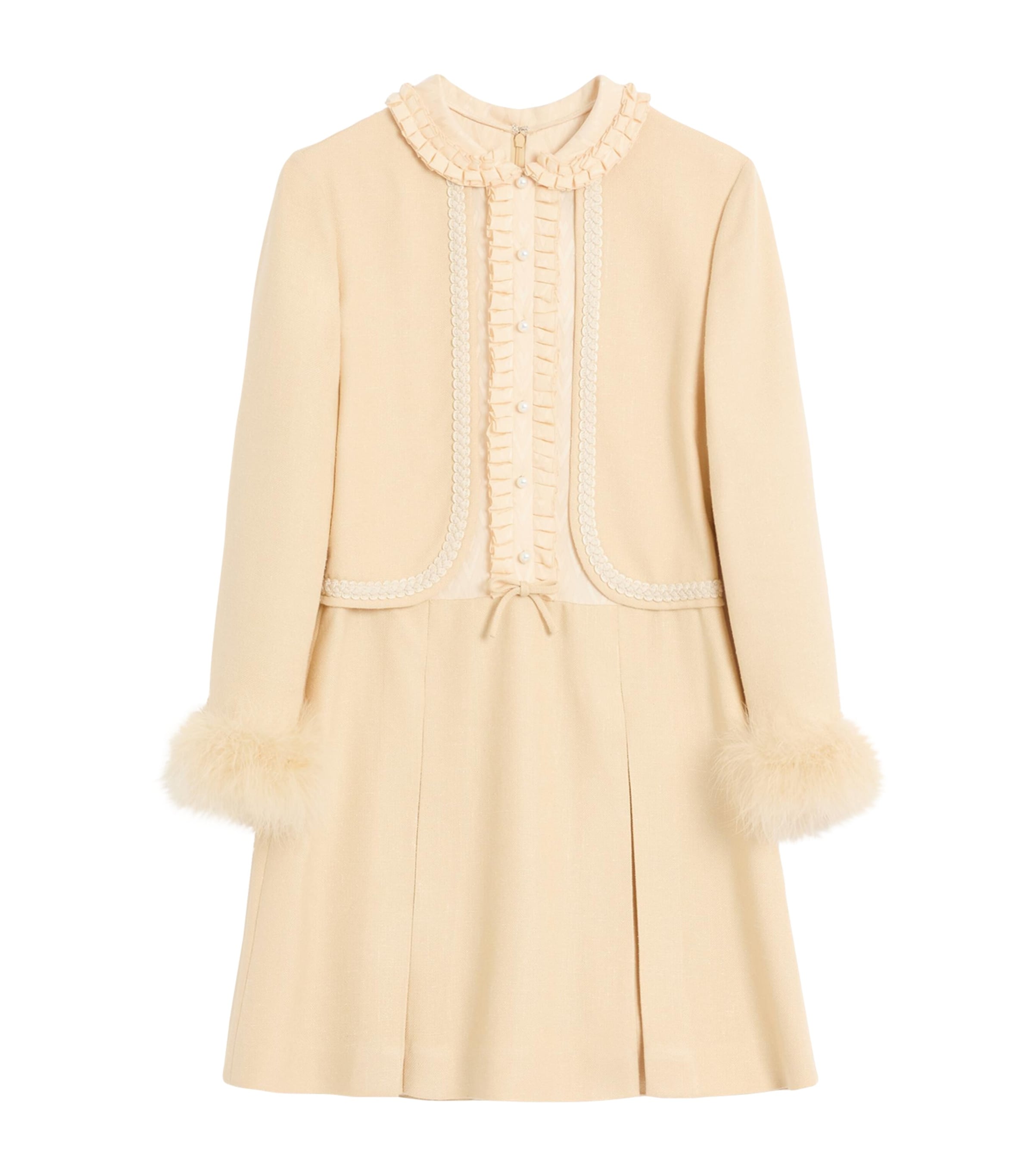 Valentino Nude Viscose-silk Blend Dress With Feather-accented Cuffs