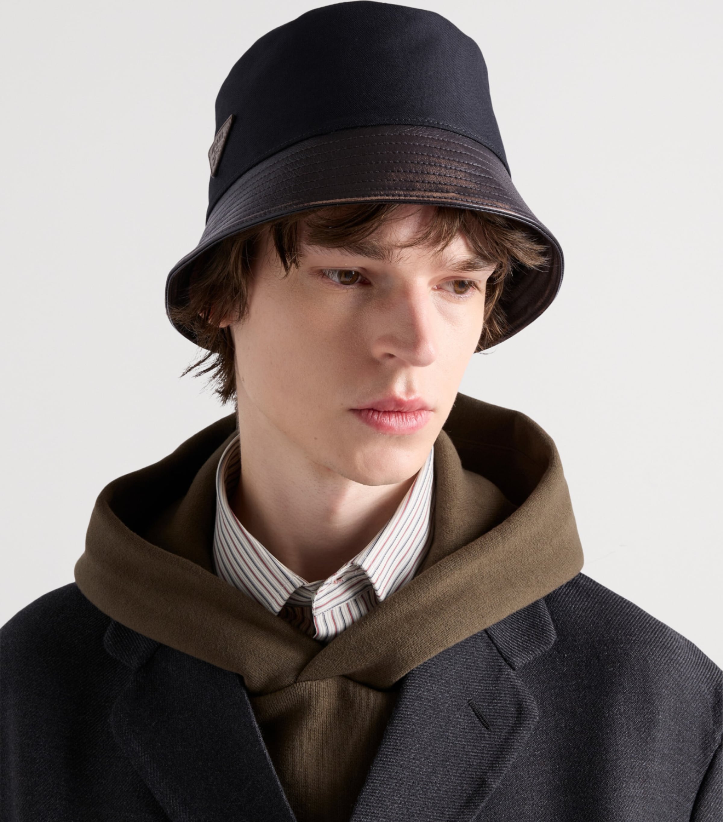 Prada Leather-Trim Logo Bucket Hat Black Image 2