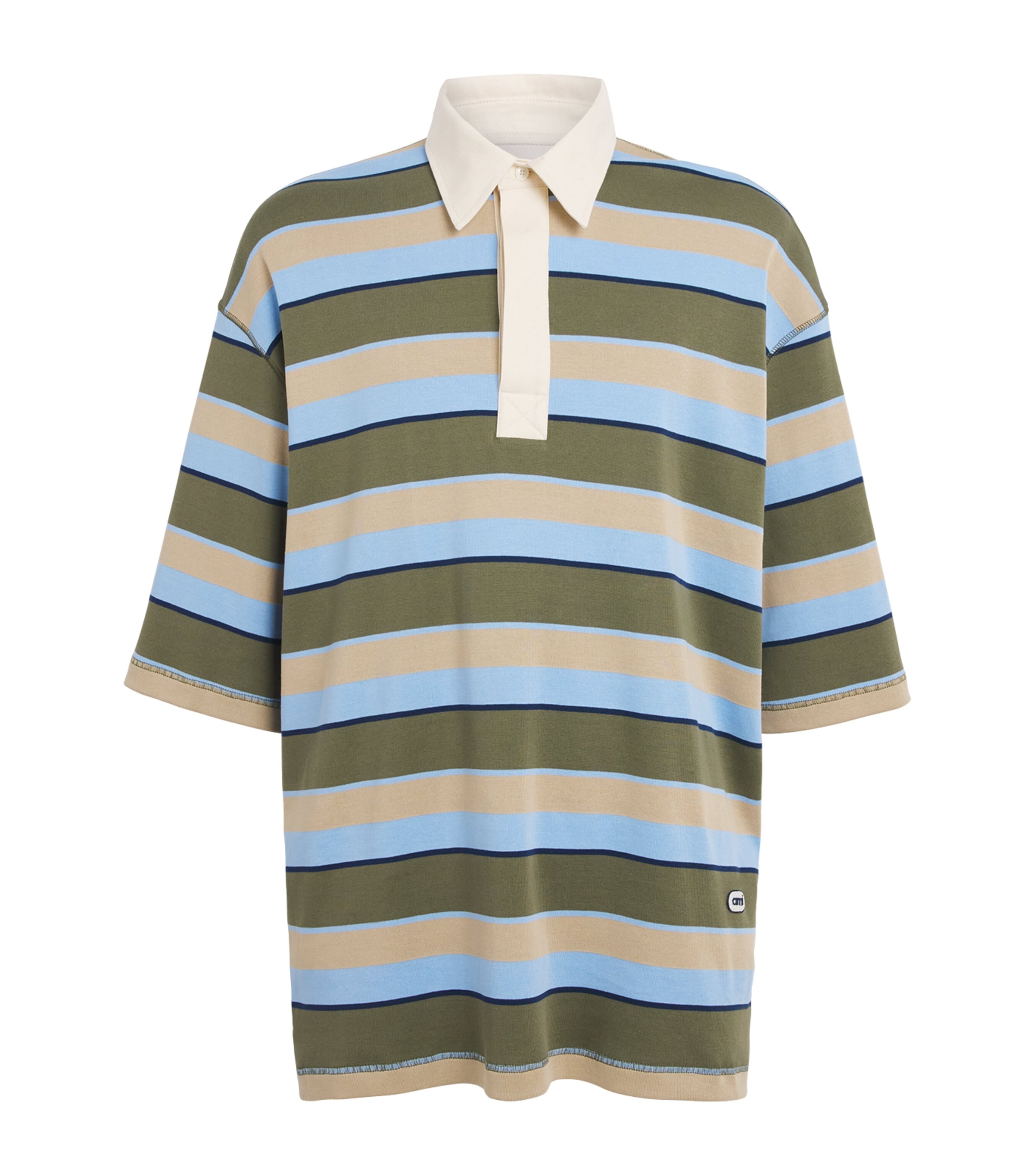 AMI Paris Mens Cotton Oversized Stripe Polo Shirt Kaki/tpe/encre Image 1