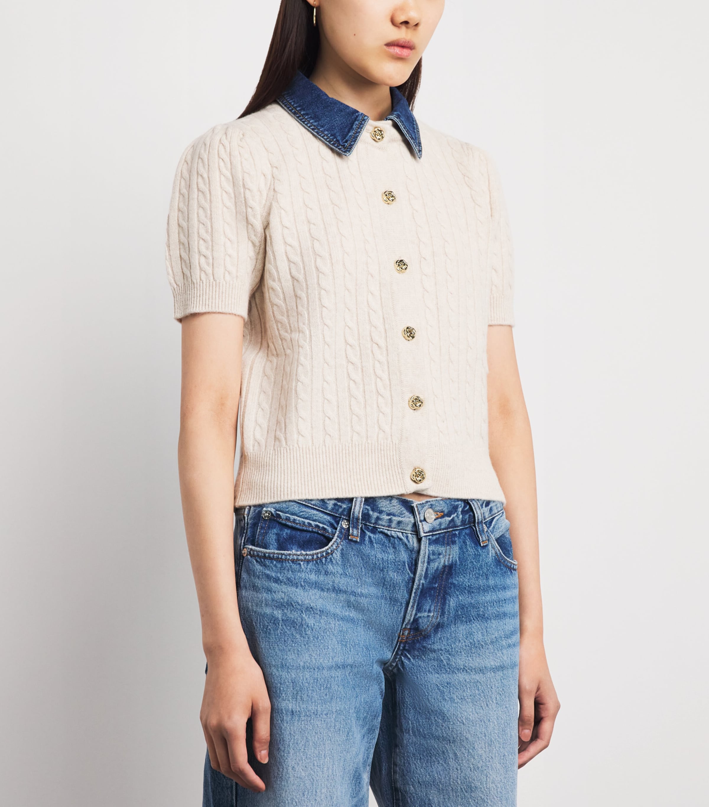 Sandro Paris Womens Wool-Cashmere Denim-Collar Cardigan Beige Image 3