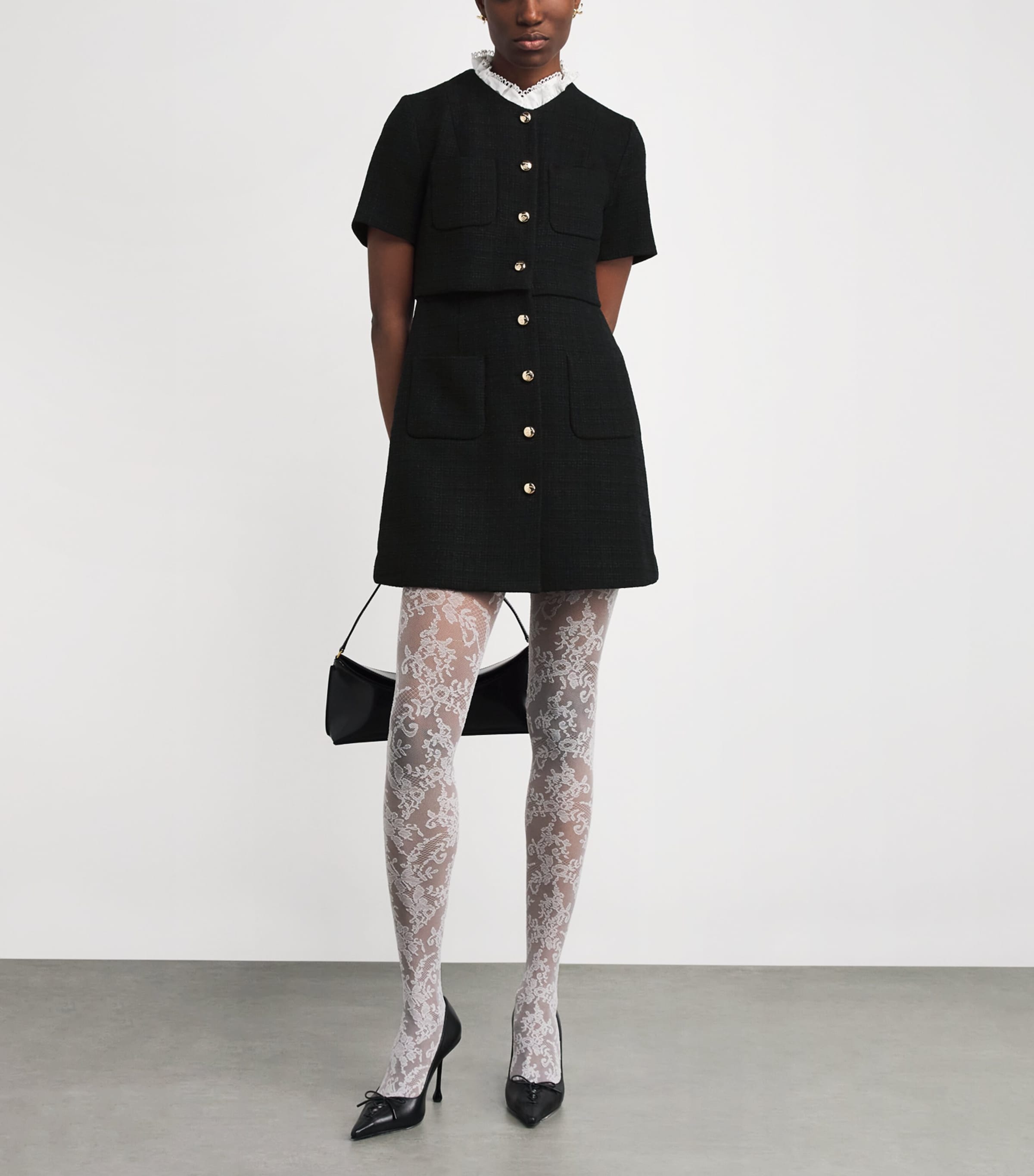 Sandro Paris Black Tweed Ruffle-Collar Mini Dress | Harrods US