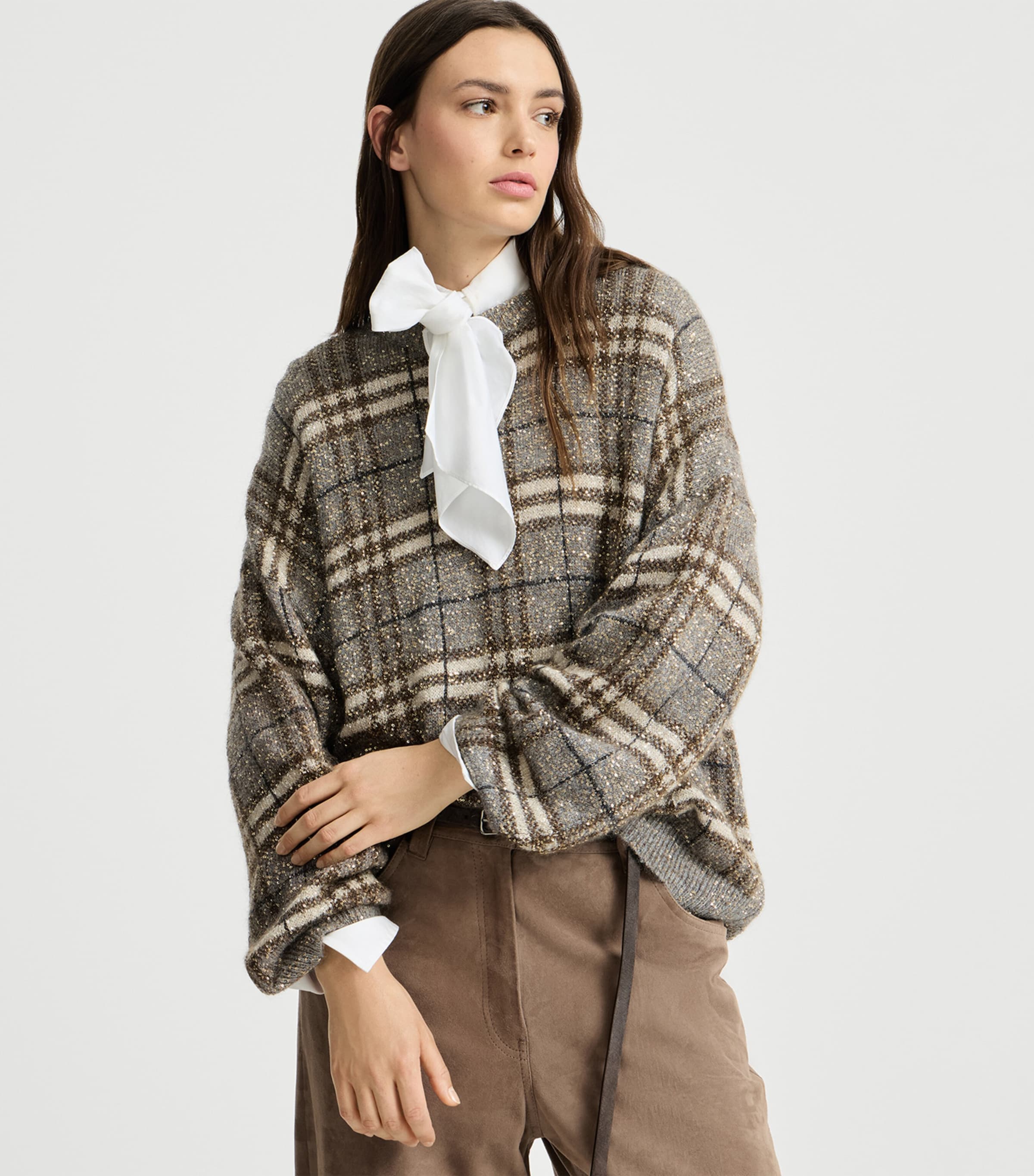 Brunello Cucinelli Womens Sequin Check Sweater Grey+brown Image 4