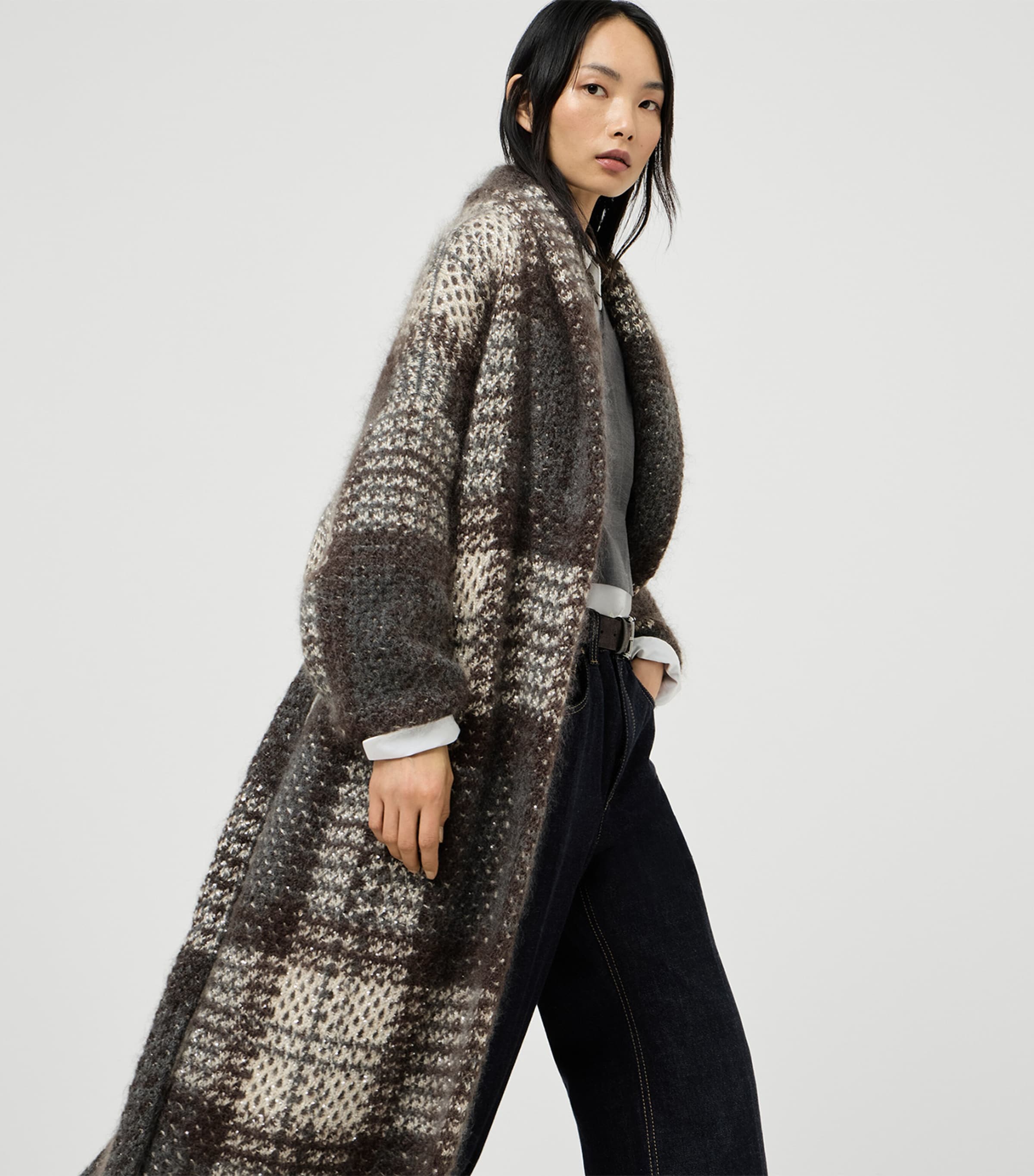 Brunello Cucinelli Womens Tartan Longline Coat Beige+grey Image 2