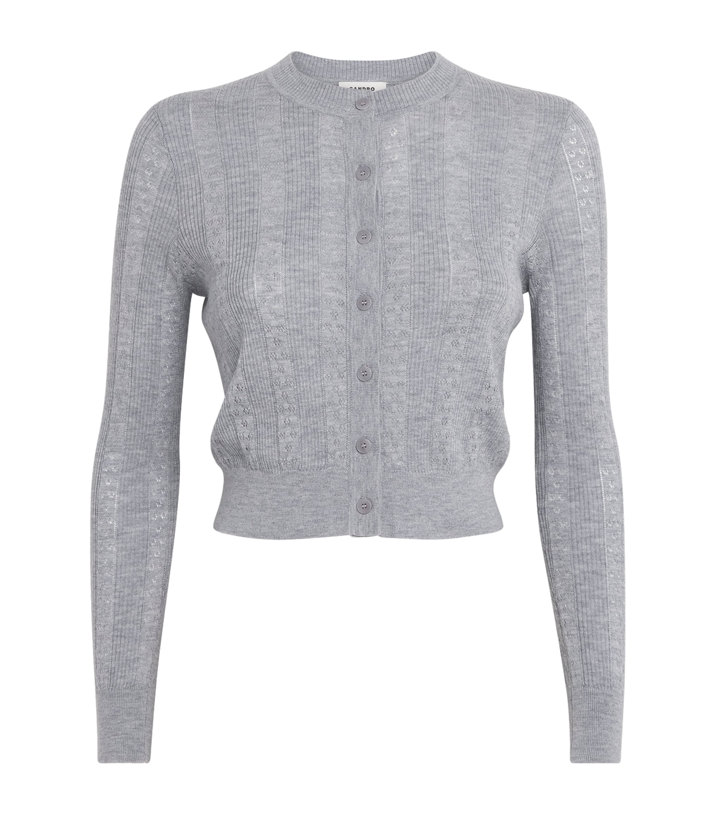 Sandro Paris Womens Wool Pointelle-Knit Cardigan Grey Image 1