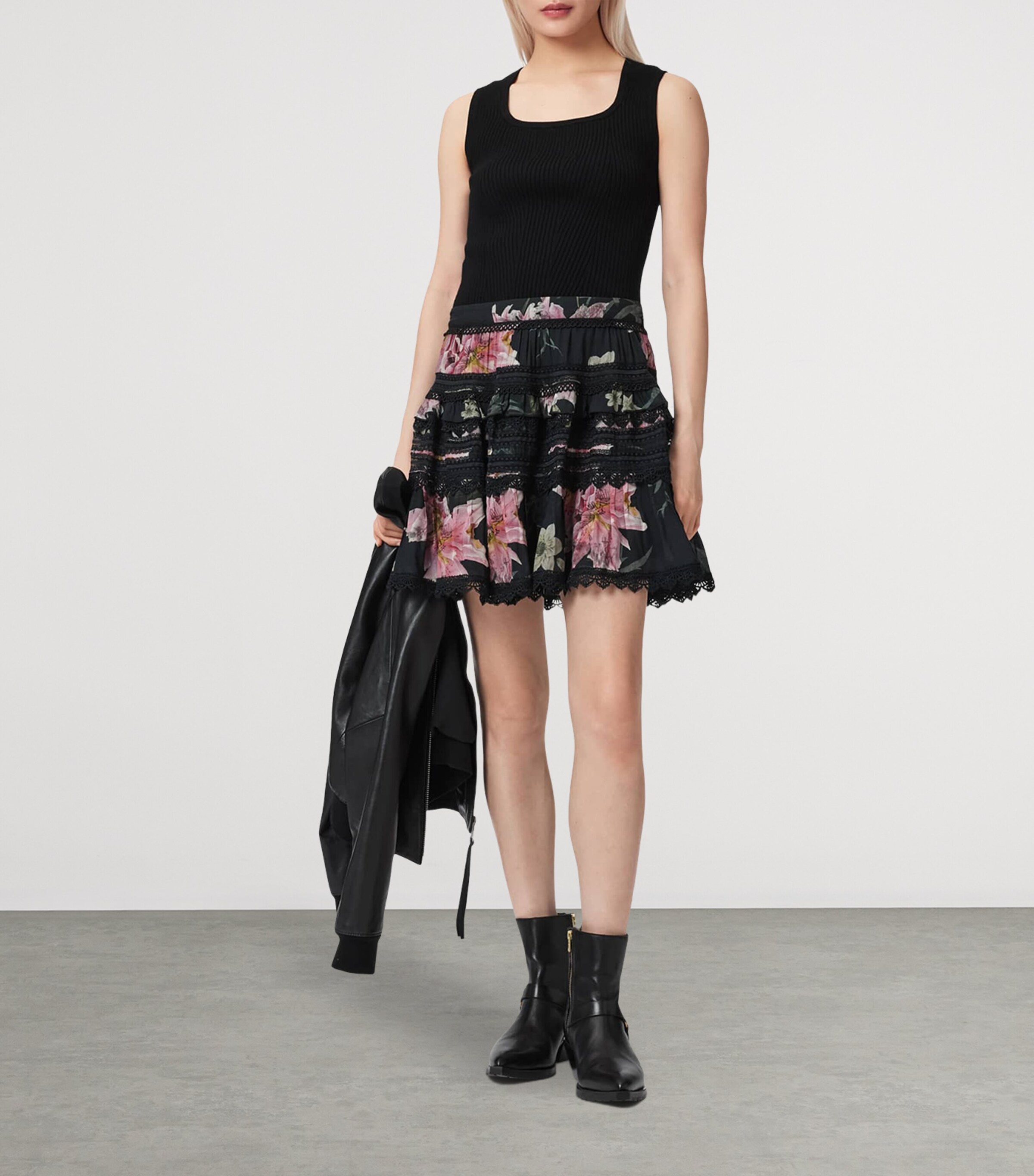 AllSaints Womens Floral Zora Mini Skirt Crystal Black Image 6