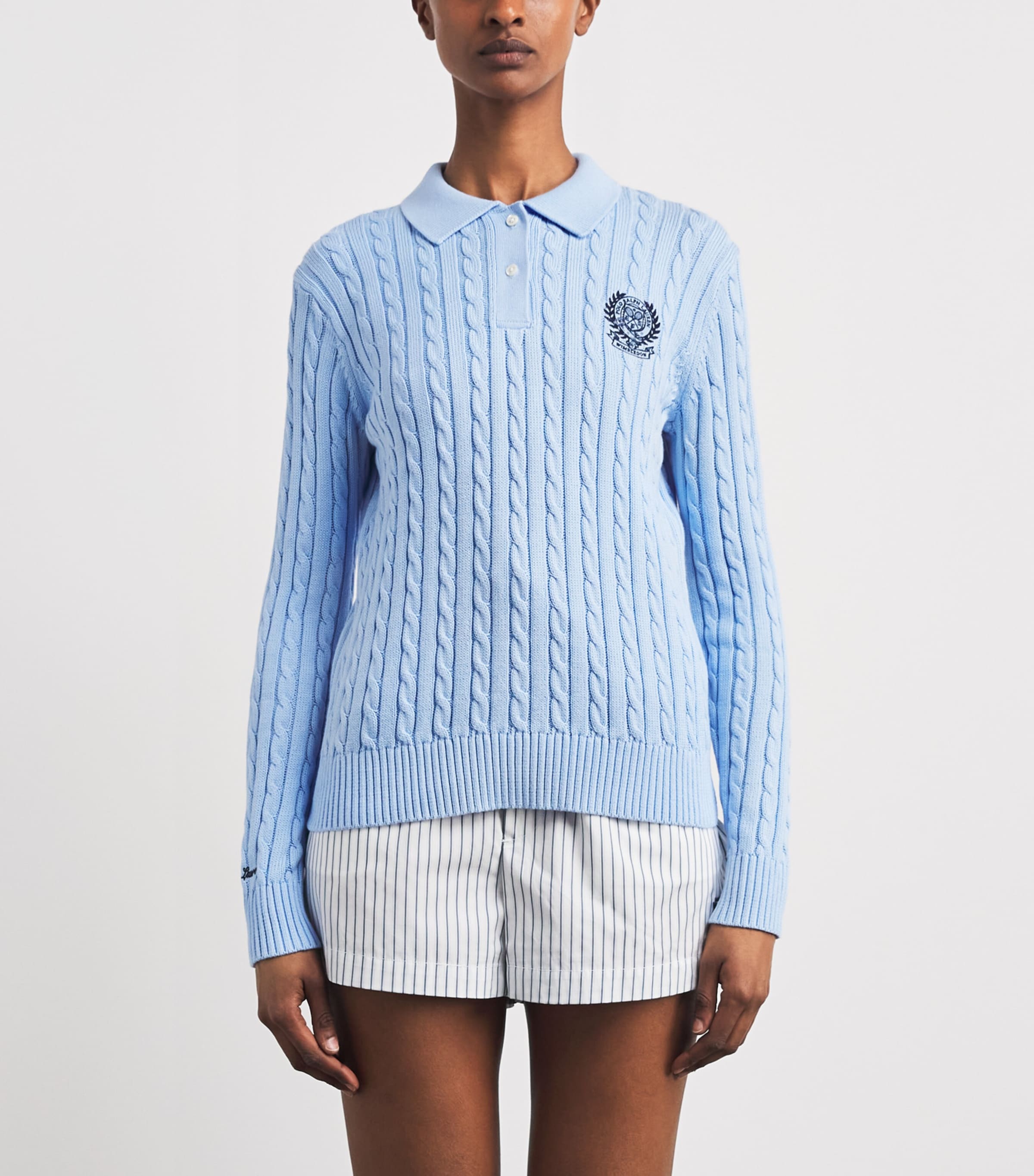 Polo Ralph Lauren Womens x Wimbledon Cable-Knit Polo Sweater Office Blue Image 4