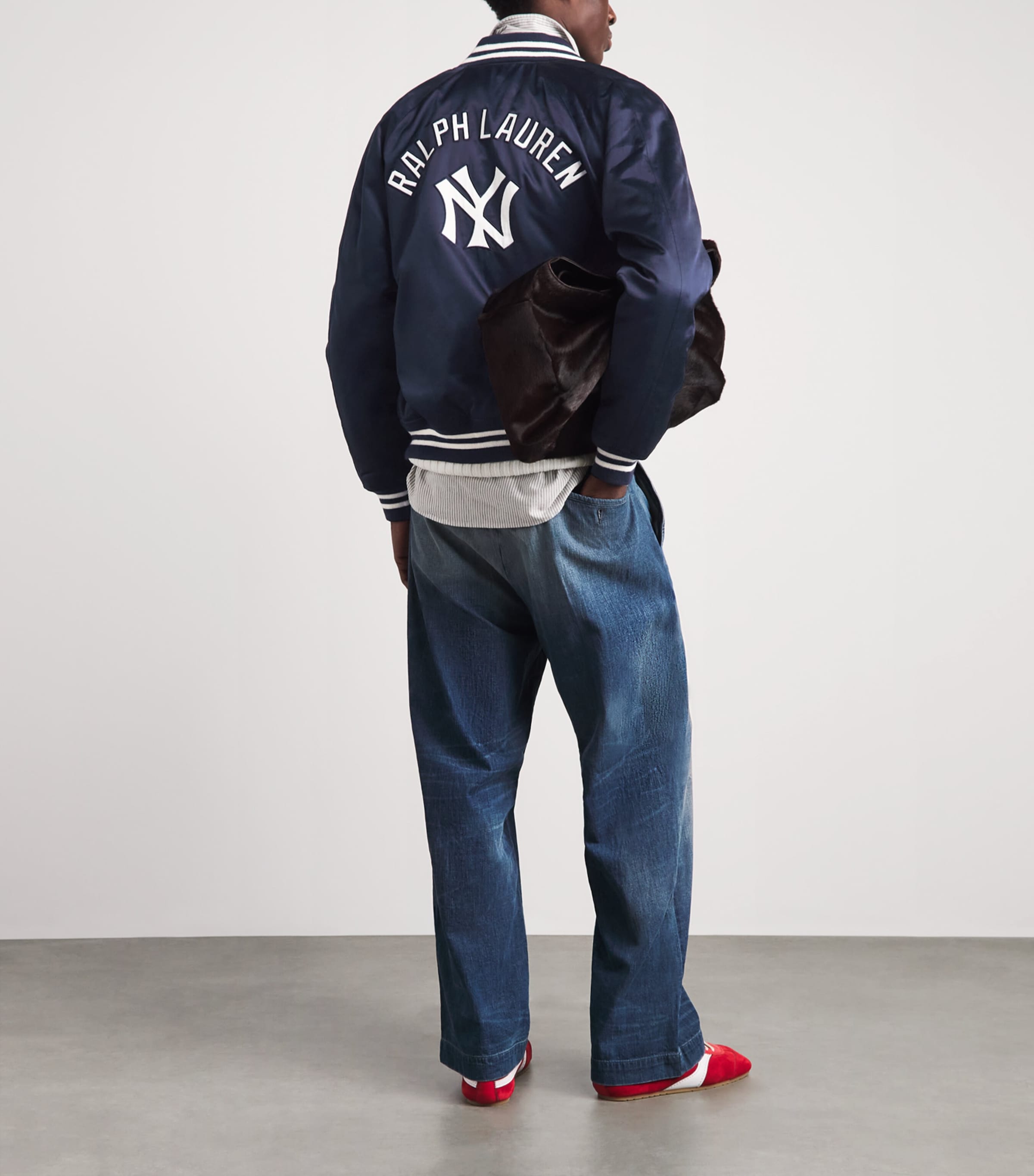 Polo Ralph Lauren Mens Satin Yankees Bomber Jacket Aviator Navy Image 2