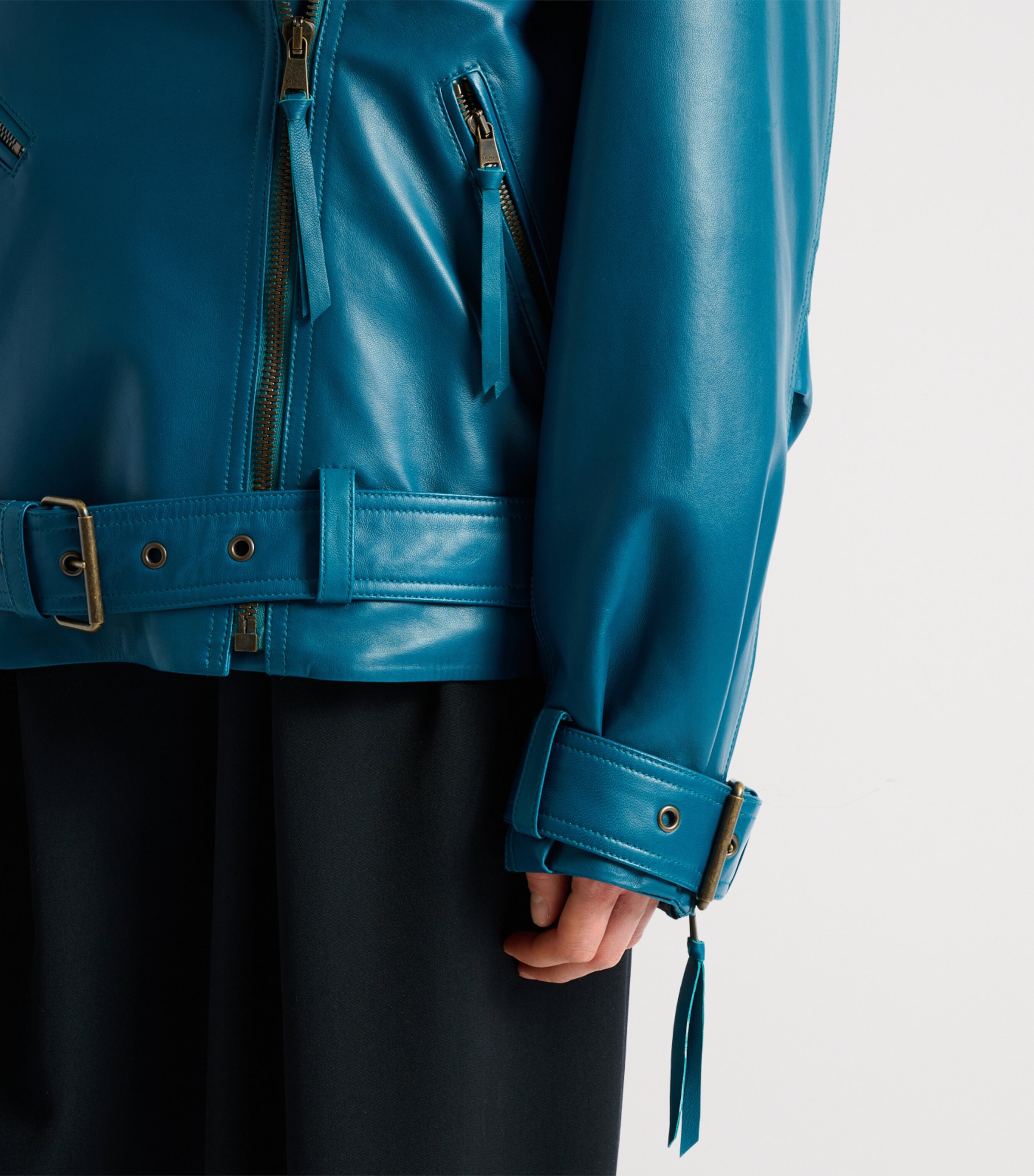Balmain Womens Lambskin Biker Jacket Bleu Canard Image 4