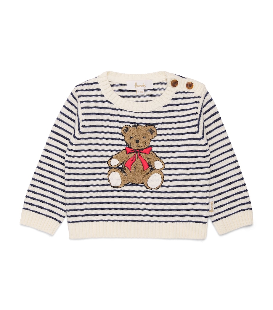 Harrods Cotton Stripe Bear Sweater (0-18 Months) Blue Image 1