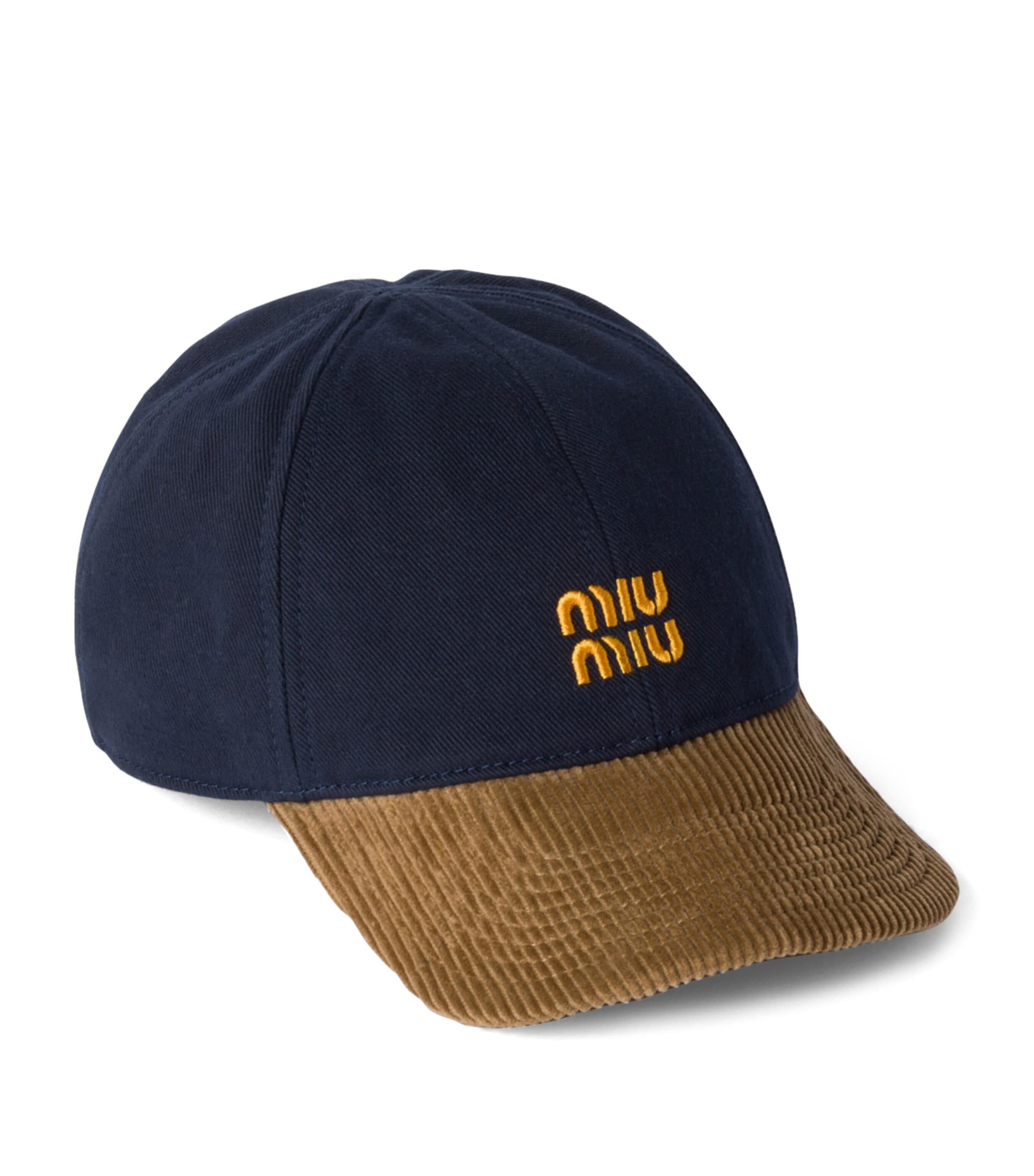 MIU MIU | DENIM & CORDUROY BASEBALL CAP NAVY キャップ UNISEX Logo denim and corduroy baseball cap in blue - Miu Miu