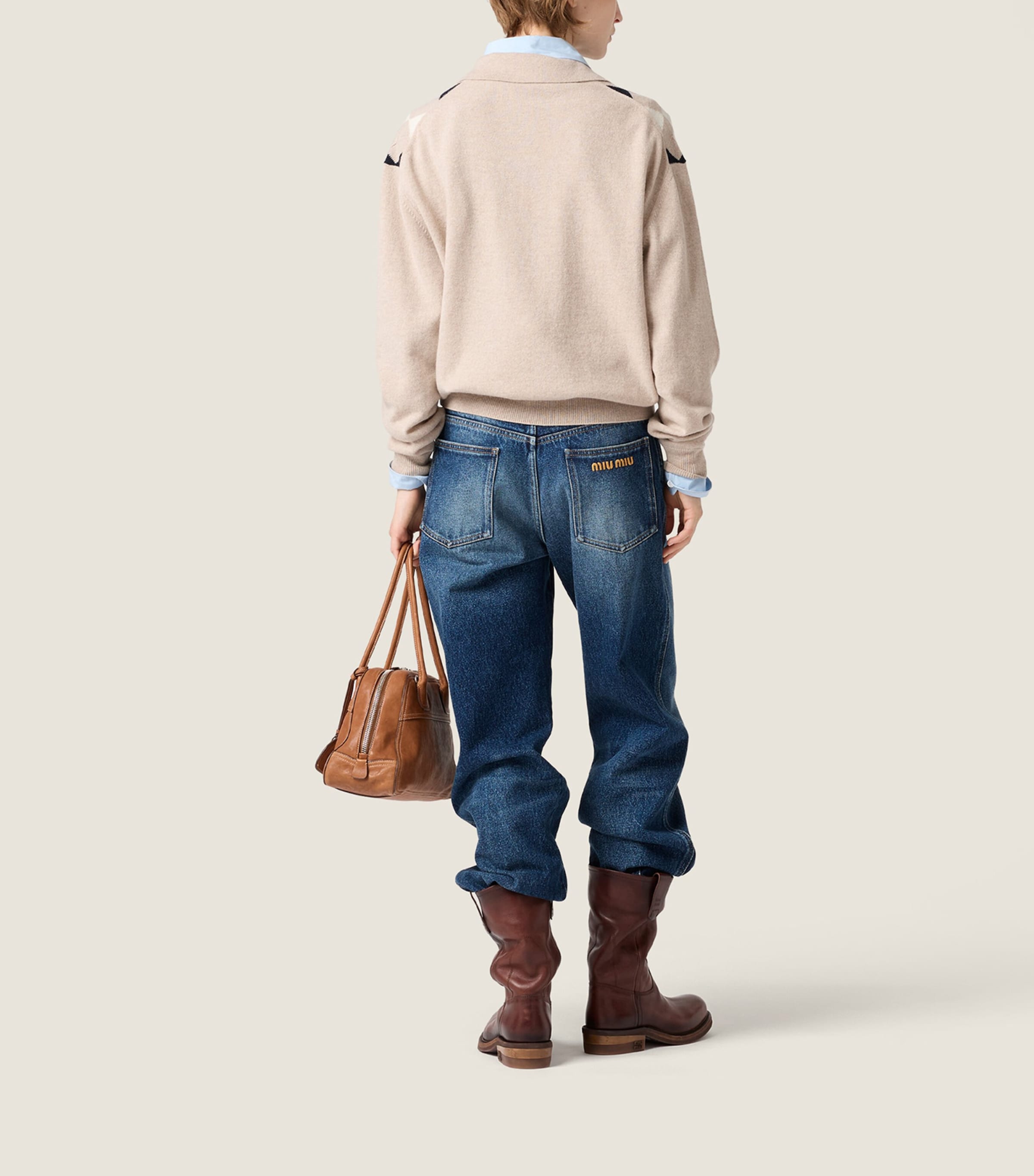 Miu Miu Womens Cashmere Argyle Polo Sweater Neutral Image 3