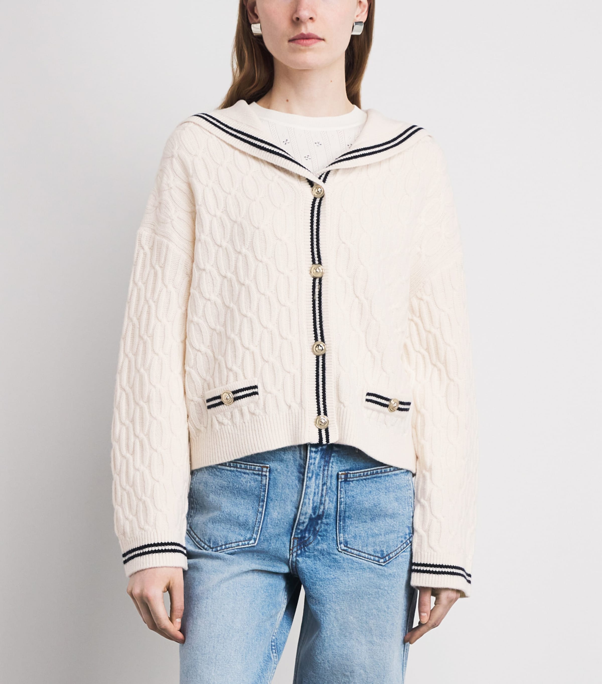 Maje Womens Wool Cable-knit Boat-Neck Cardigan Ecru Image 4